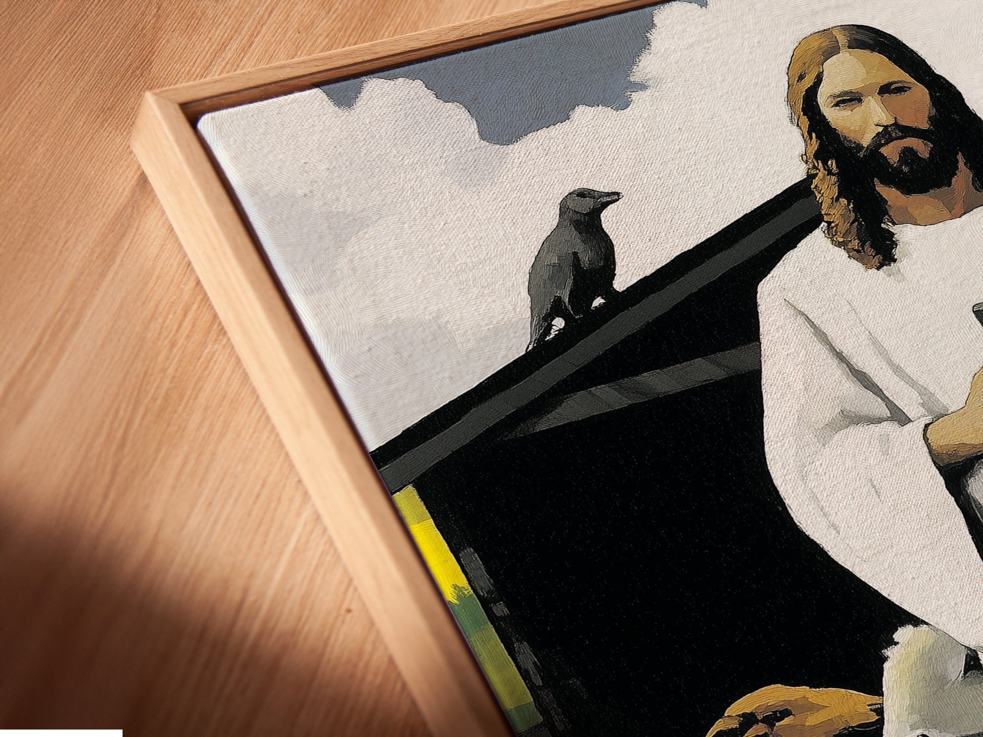A close-up shot shows a canvas print in a floating frame. The artwork is Jesus with sheep. The floating frame gives a modern look. It enhances the artwork's presence. The canvas print adds texture and depth. This is a unique way to display artwork. It brings sophistication.
