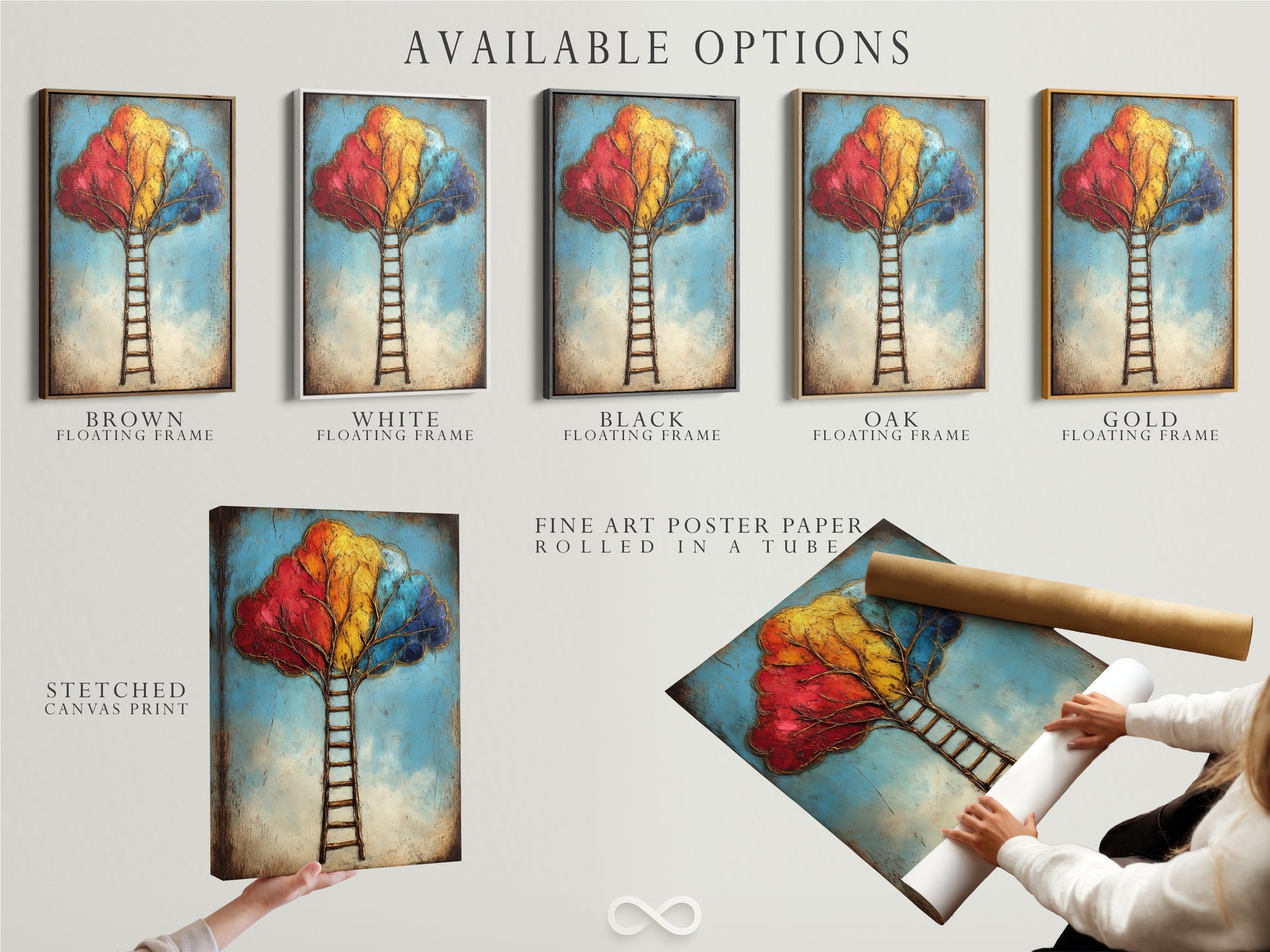 Available options include a stretched canvas print fine art poster paper and floating frame. Select the perfect format for the Colorful Ladder Tree Art. This inspirational artwork suits any style. Enhance your home or office with this modern piece.