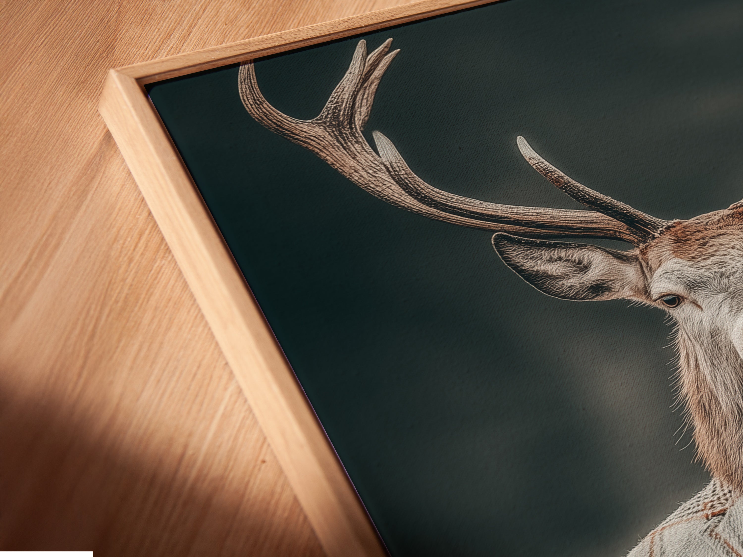 A close-up of a canvas print of the Gentleman Deer in a floating frame. The animal portrait art appears to float effortlessly. This vintage wall art enhances any room decor. The quirky decor adds a touch of personality. Perfect for those who appreciate unique artwork.