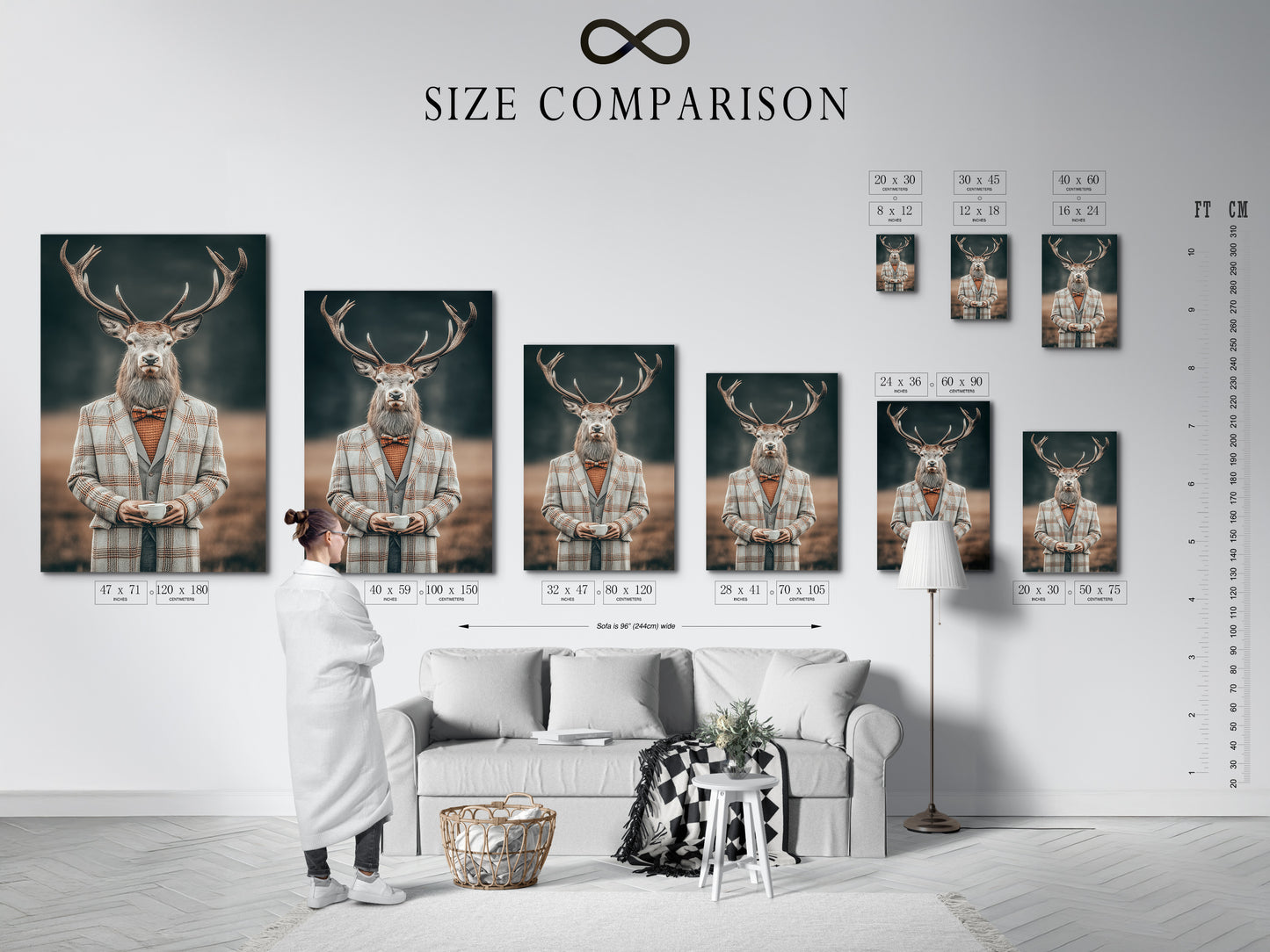 A size comparison chart featuring the Gentleman Deer art in an interior setting. Visualize the perfect fit for your space. Animal portrait art that enhances any room. Vintage wall art that adds character. Find the ideal size for your quirky office decor.