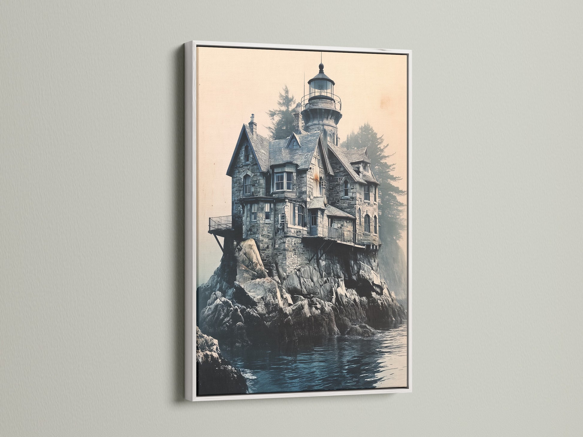 The Lighthouse Canvas Print is showcased in a white frame. This coastal artwork brings an ocean view into your space. The white frame enhances the artwork. It is ideal for minimalist or Scandinavian styles.