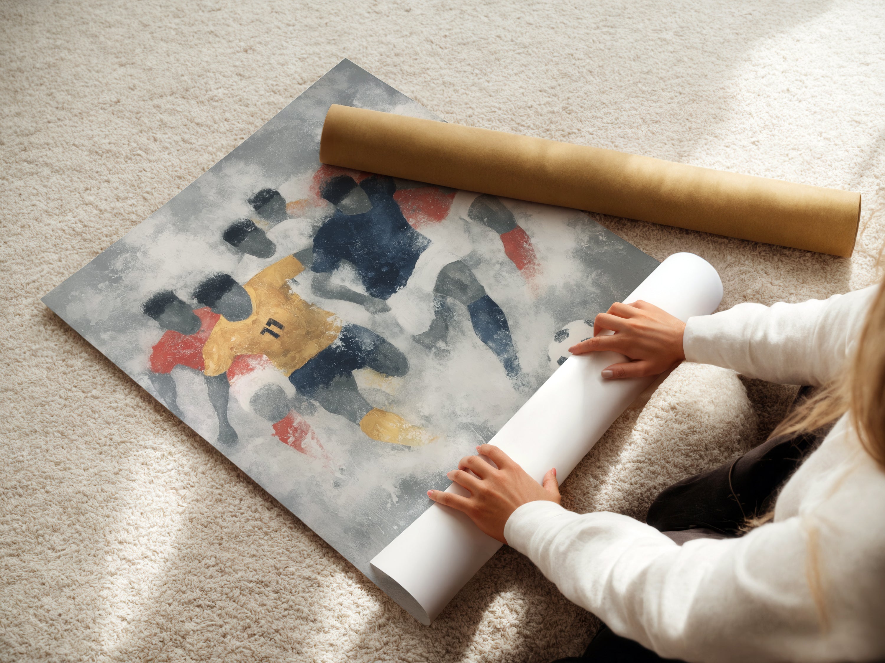A woman carefully rolling a fine art poster paper. This highlights the care in preparing the soccer artwork. It is ready for framing or display. The fine art poster paper ensures high-quality reproduction of the sports art print. Ideal for collectors and enthusiasts.