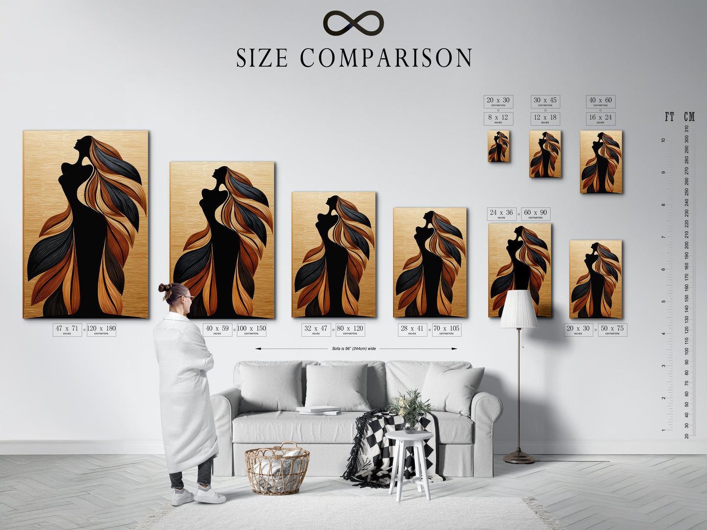 Size comparison chart in an interior setting. See how the woman silhouette artwork fits in your space. The flowing hair and bohemian figure art enhance the room. Visualize the perfect size for your wall decor. Ideal for planning your bohemian or modern art arrangement. This artwork is ideal for minimalist and contemporary settings.