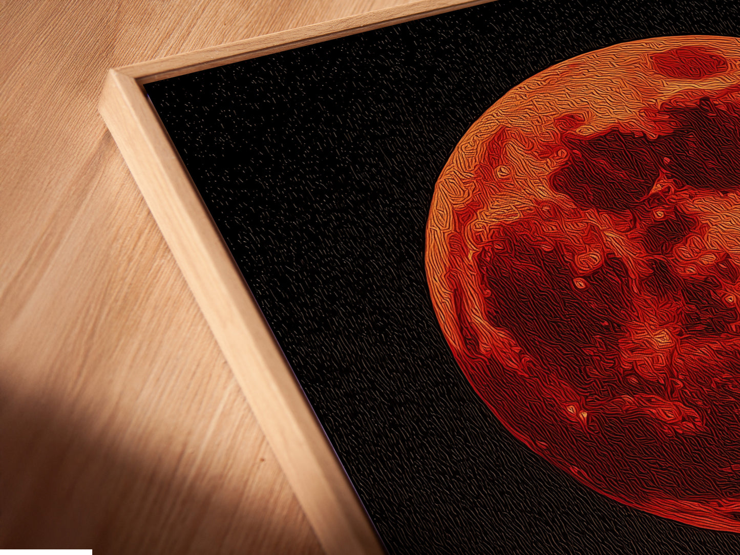 A close-up angled view reveals a canvas print in a floating frame. The artwork features a red moon and mystical forest. The floating frame enhances the depth and beauty of this gothic decor piece. Don't miss out.