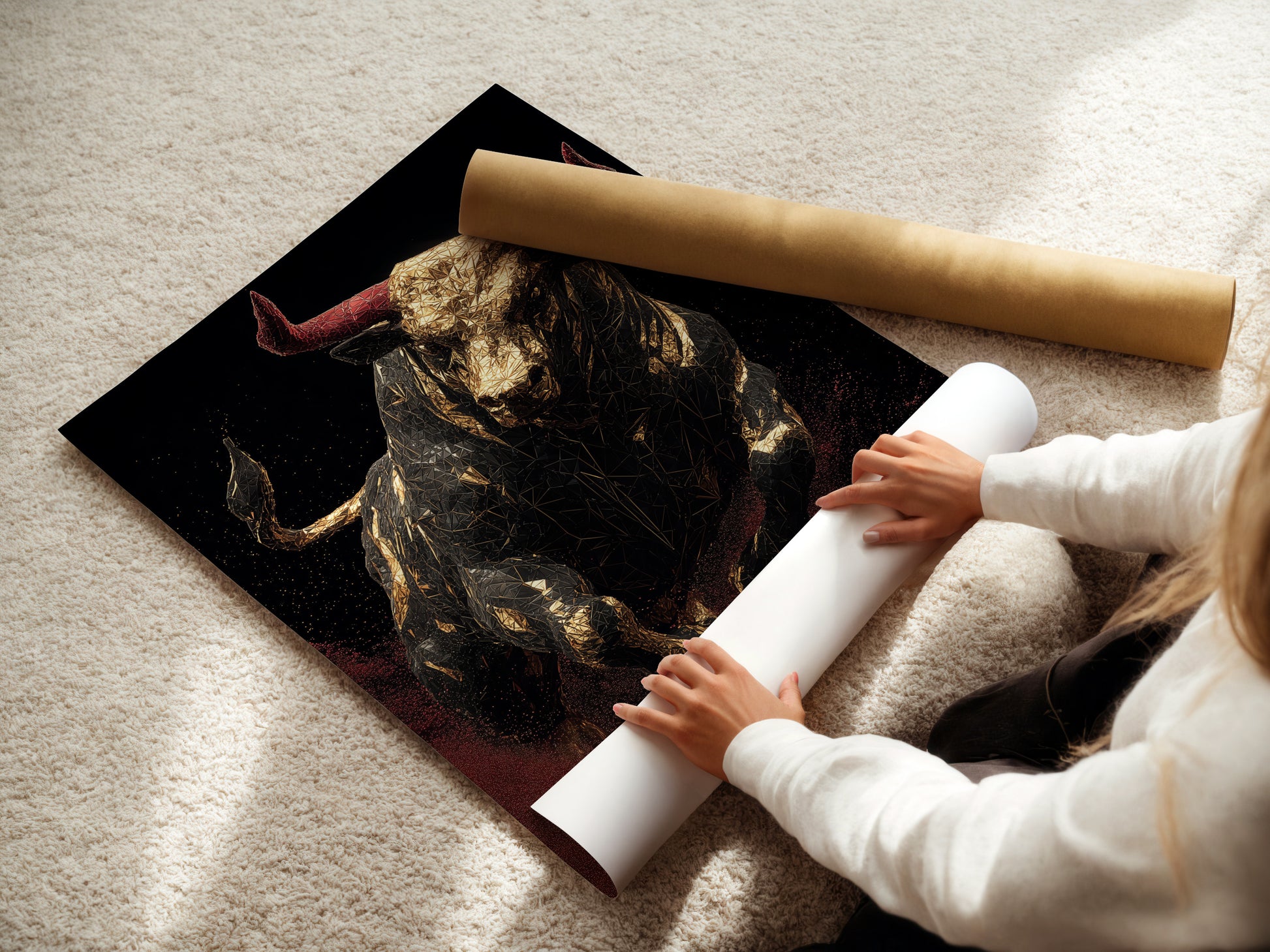 A woman is carefully rolling a fine art poster paper. She is preparing it for framing or display. The fine art poster paper is of high quality. This showcases the care and precision in handling art. A great way to preserve and present artwork. The art is ready to be displayed.