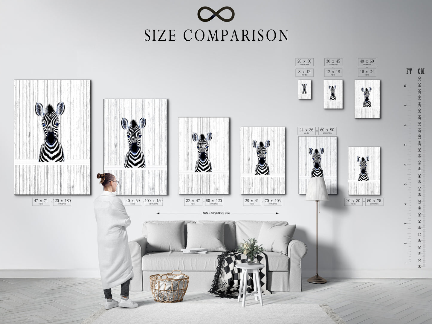 A size comparison chart displayed in an interior setting. The chart showcases the various sizes available for the Baby Zebra artwork. Helping you choose the perfect fit for your space. Options for nursery wall art and kids room decor.