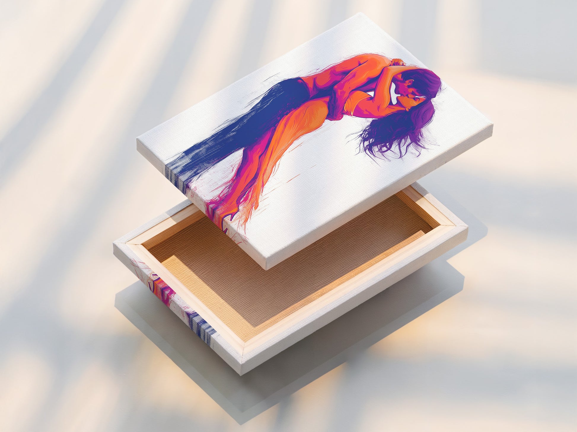 A stretched canvas print of the Passionate Embrace artwork. The stretched canvas provides a gallery-ready look. This modern art print is perfect for any space. The couple art is ready to hang and enjoy in your home.