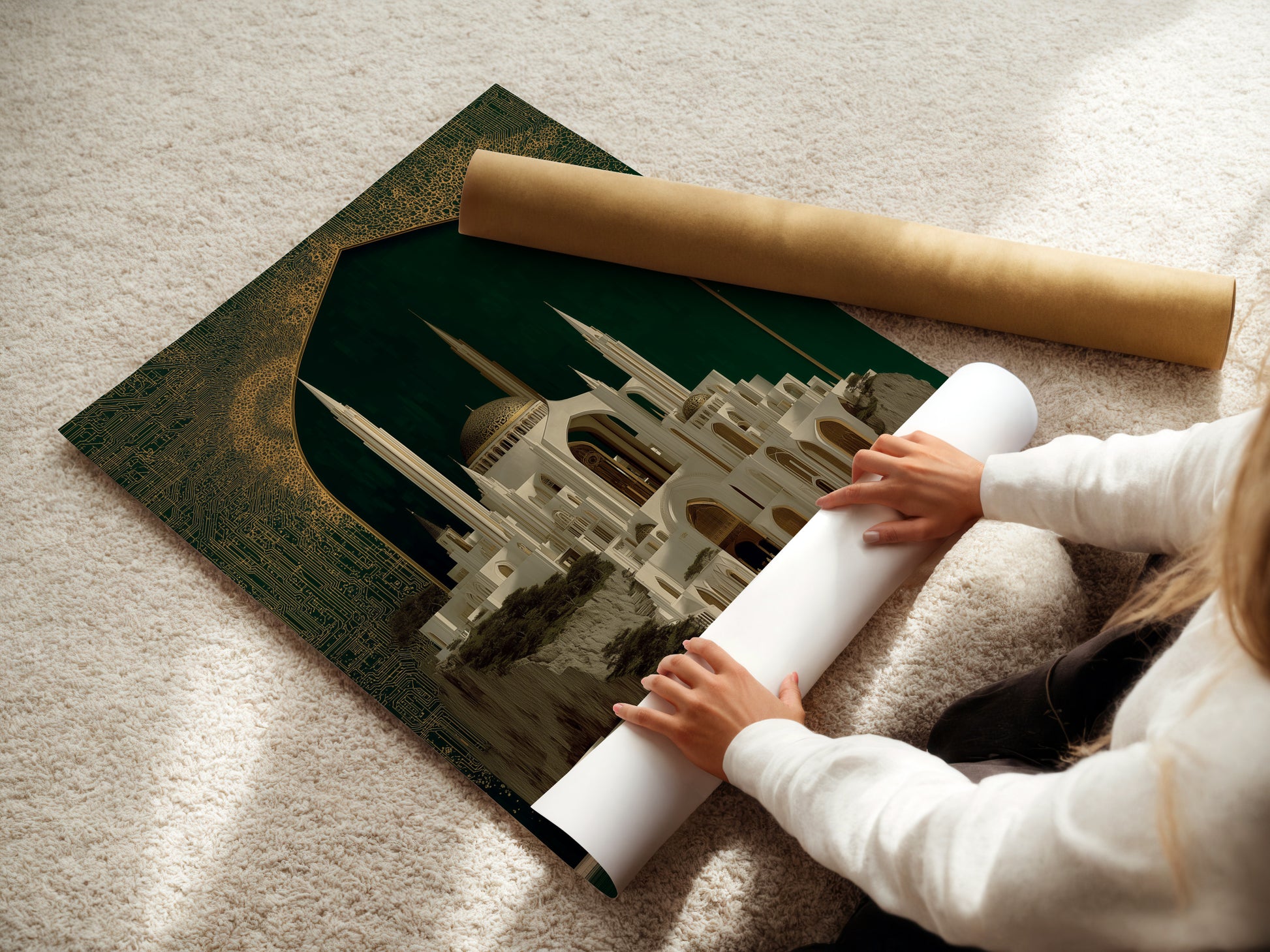 A woman is carefully rolling a fine art poster paper print of the Islamic Architecture Artwork. The poster captures the beauty of the mosque with emerald green and gold details. Perfect for art enthusiasts. This is a versatile option for decorating any room with islamic inspired artwork.