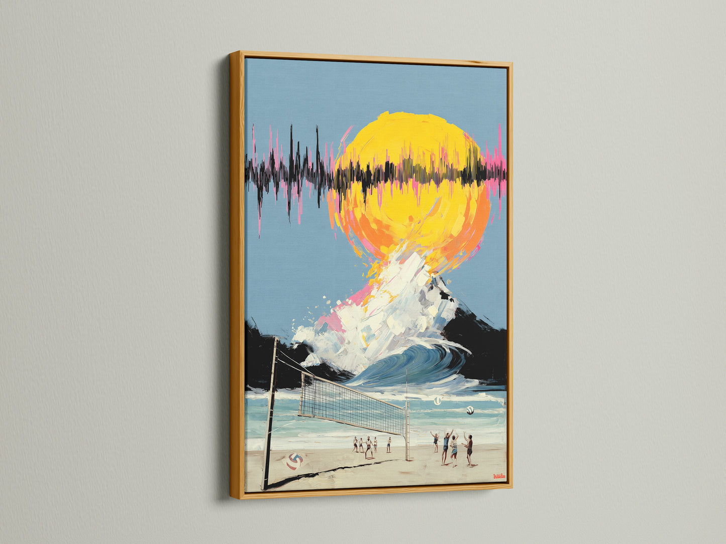 The Beach Volleyball artwork is elegantly displayed in a gold frame. The retro sports poster is perfect for adding flair to recreational areas. The sunset wall art brings a touch of the beach.