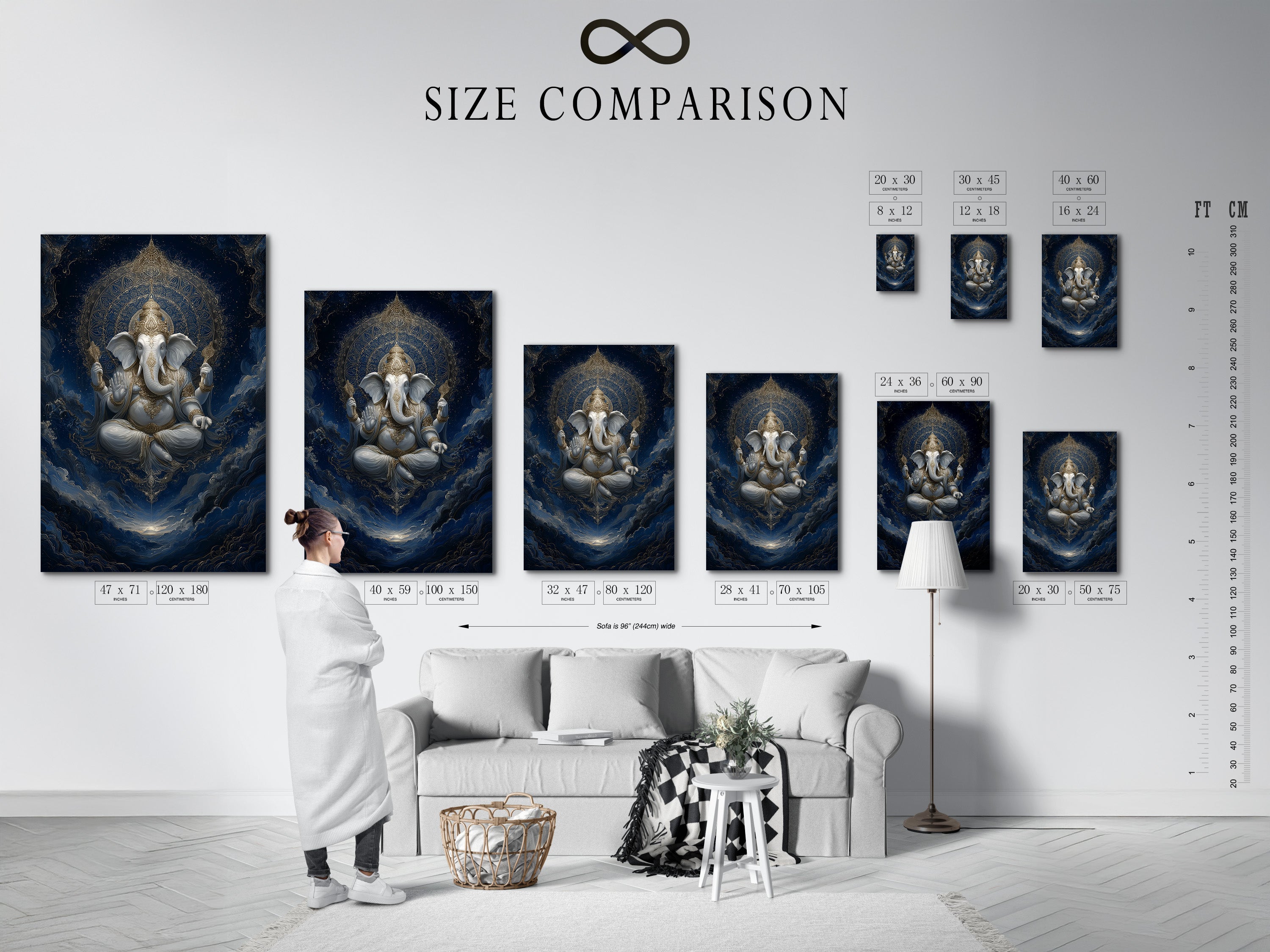 Size comparison chart for Ganesha artwork displayed in an interior setting. See how the Hindu deity print fits in your home. This spiritual wall decor is perfect for various spaces. Use this for reference.