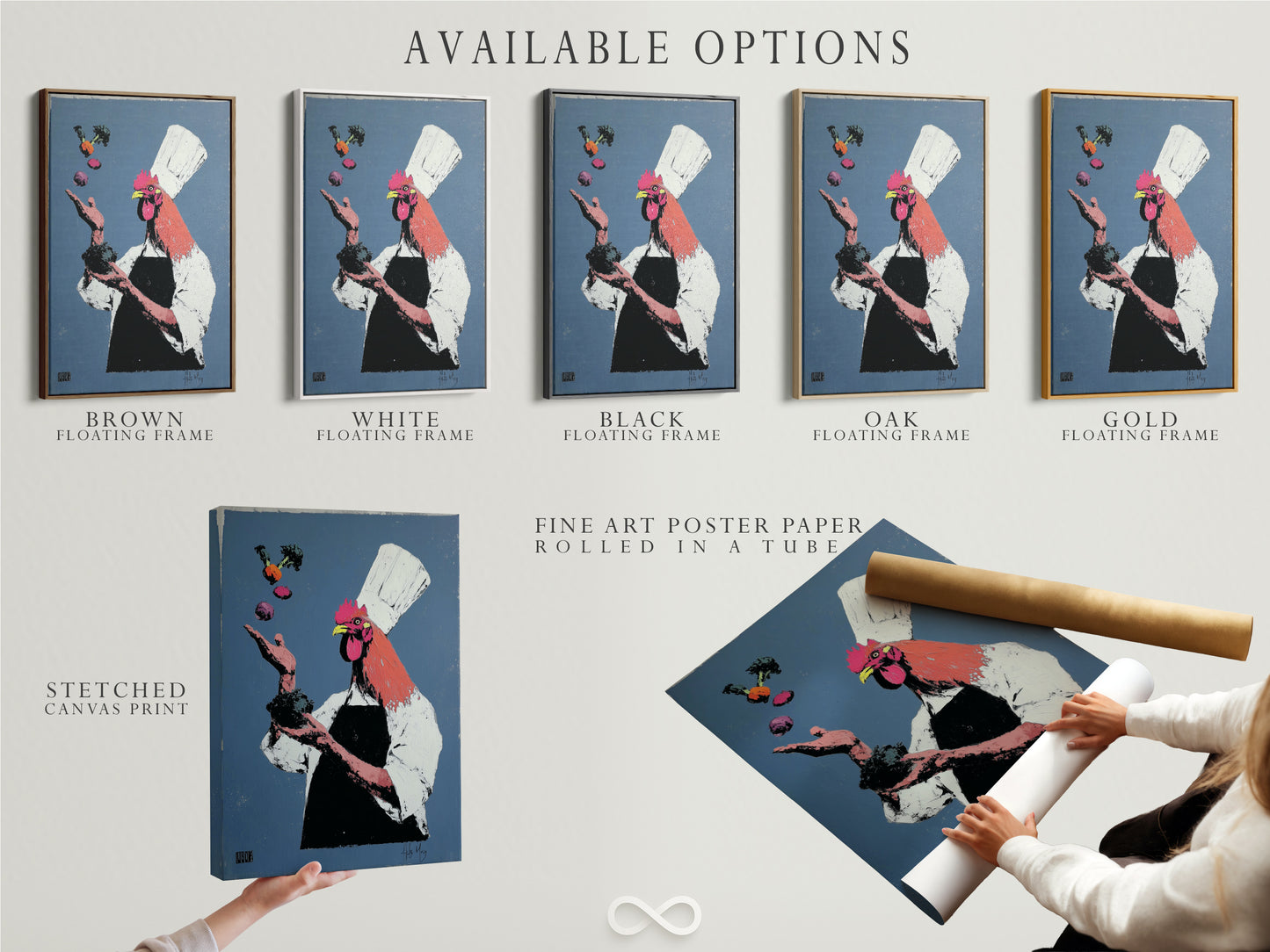 Available options for the Rooster Chef artwork. Options include a stretched canvas print fine art poster paper and floating frame. Customize the artwork to match your style. Perfect for any kitchen dining room or restaurant. Discover all available options now.