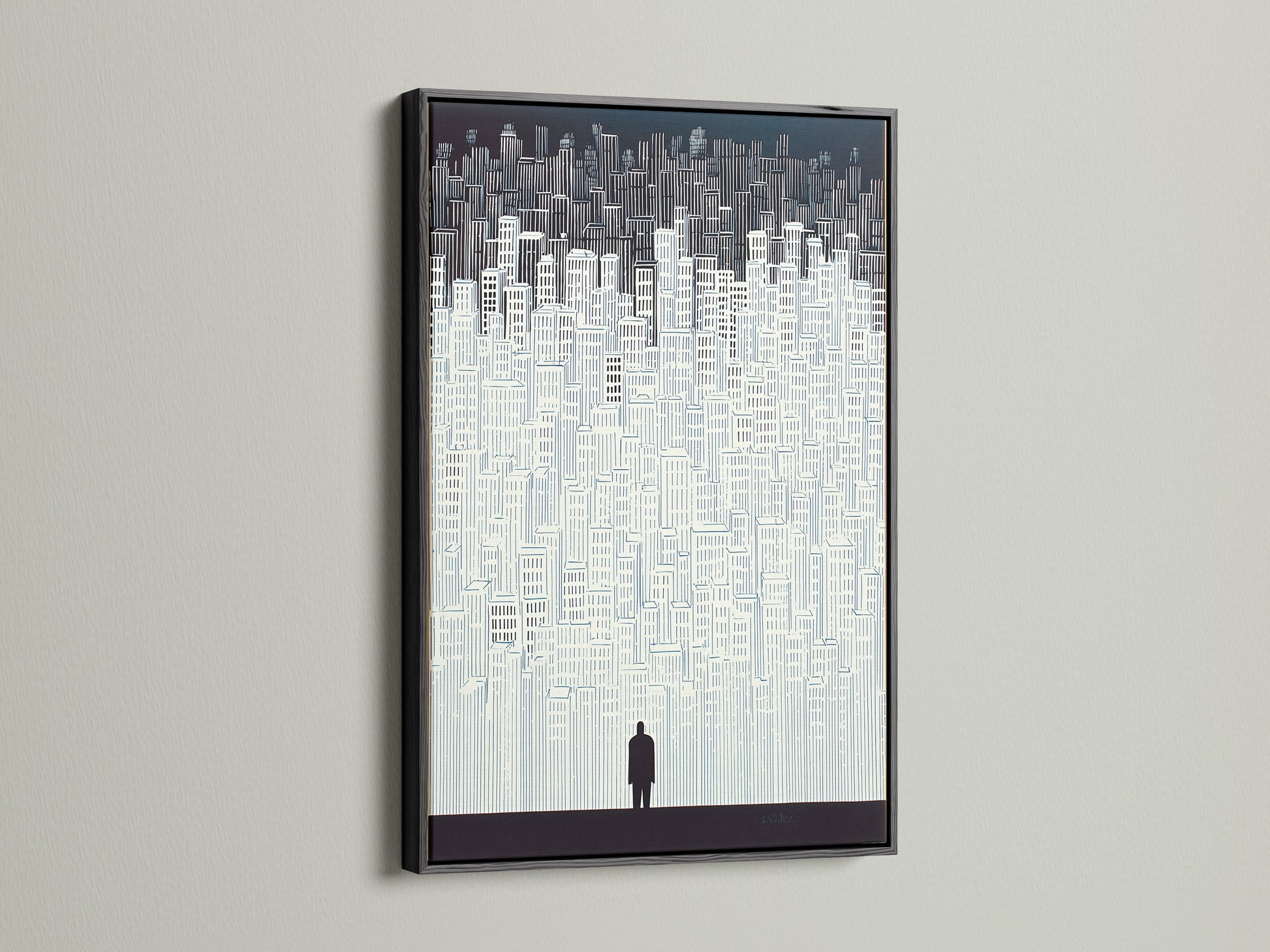 This cityscape artwork is showcased in a sleek black frame. The black frame adds a touch of sophistication. Ideal for modern spaces. This minimalist building wall art is a striking addition. The urban silhouette print enhances any decor.