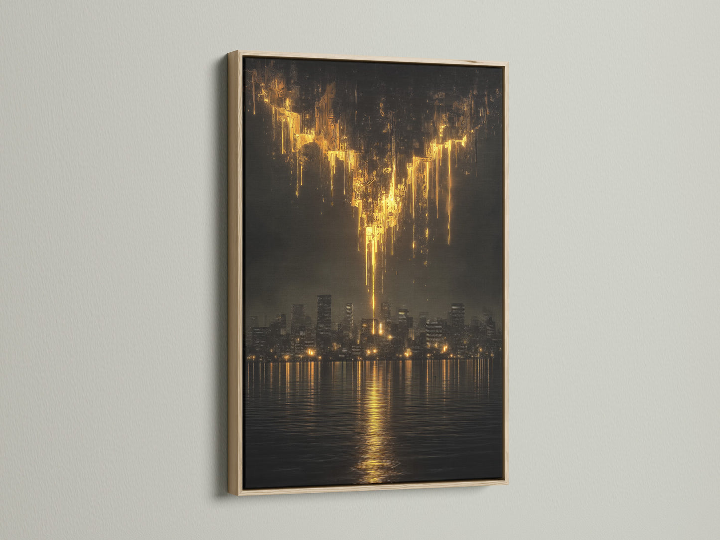 Showcasing the golden city skyline artwork in an oak frame. This urban canvas print adds a touch of sophistication. Ideal for modern office art and contemporary wall decor. The abstract skyline and golden wall decor create a refined look. Enhance your space with this moody cityscape.