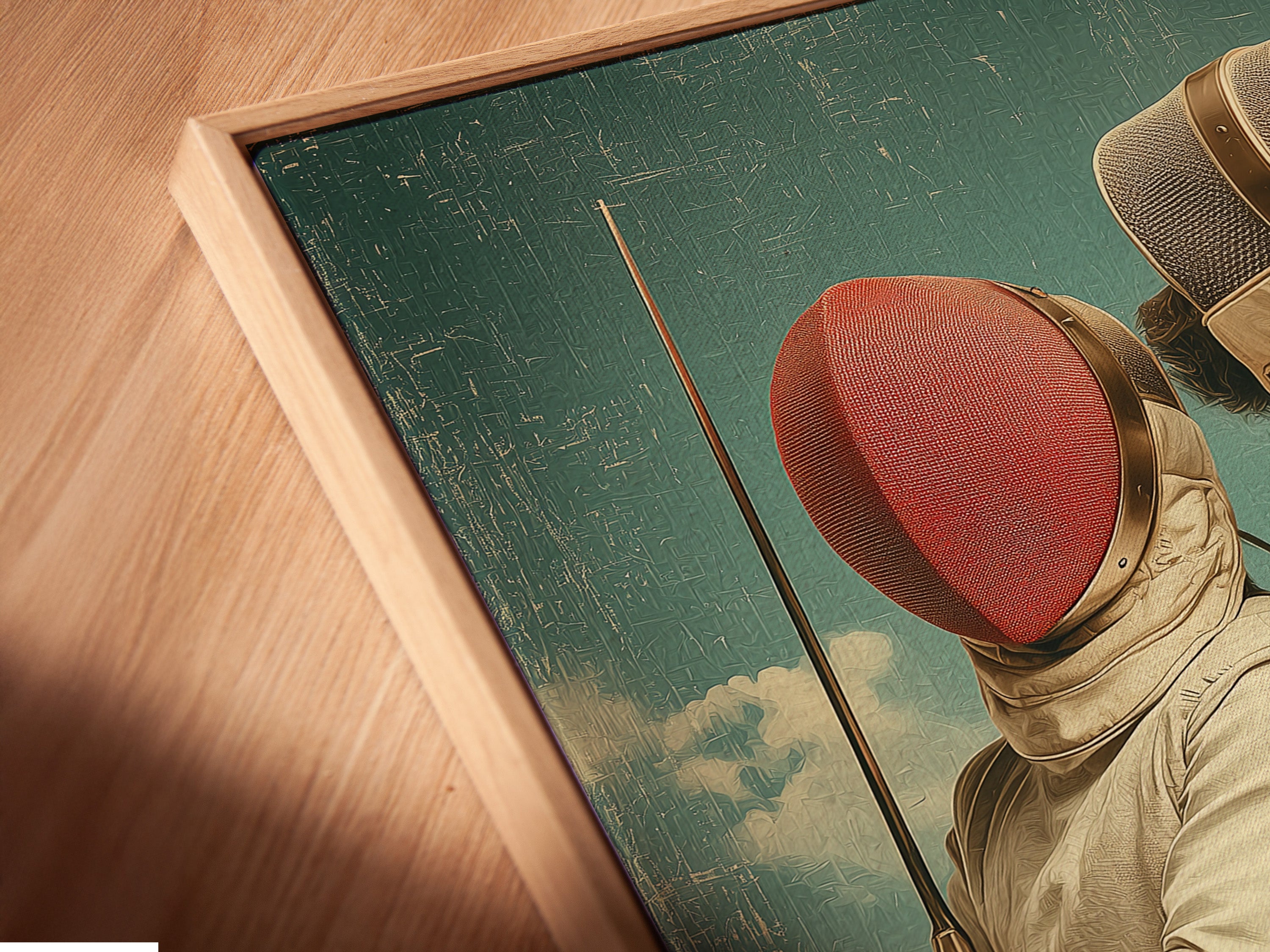 A close-up angled view shows a canvas print in a floating frame. The artwork features vintage fencing art. This surreal sports wall art enhances any space. It is a sophisticated alternative to typical sports memorabilia.