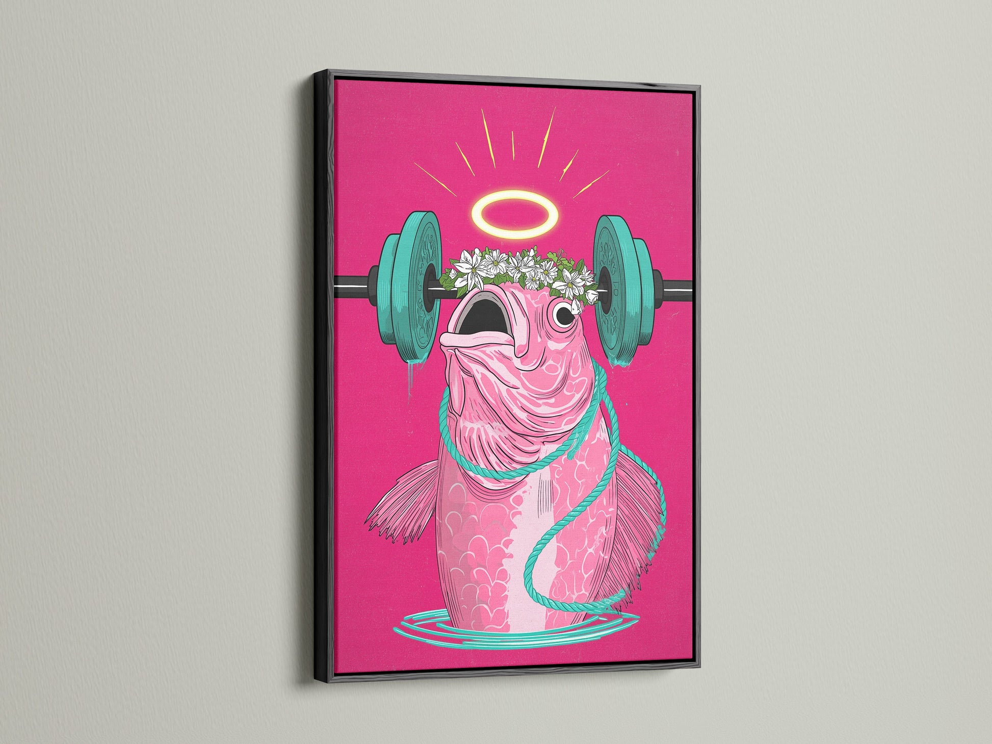 Here is the Workout Fish Art Print in a sleek black frame. Add a bold statement to your workout area with this motivational canvas print. The pink wall art is an inspiring piece for your home gym decor.