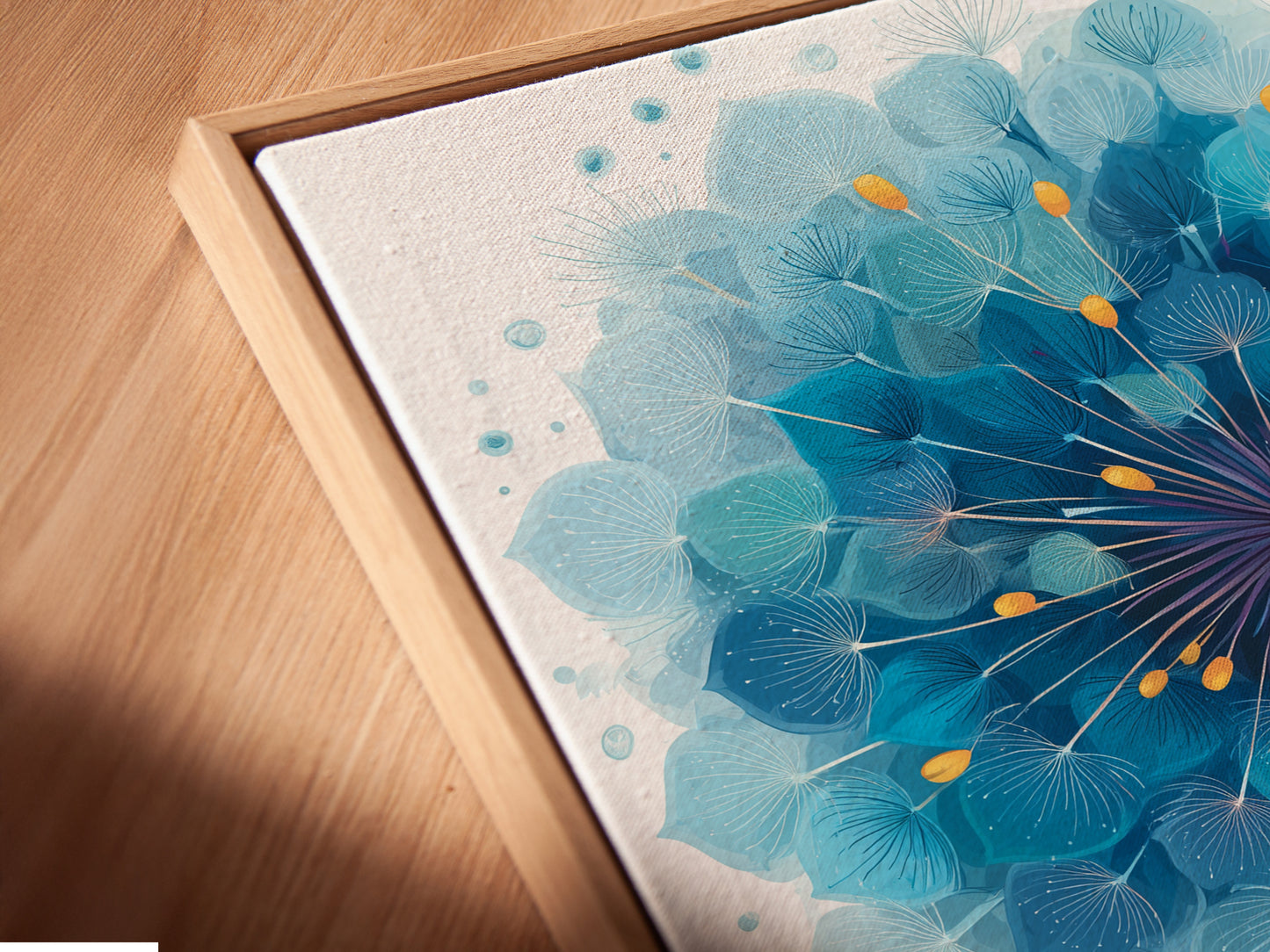 A close-up view showcases the canvas print in a floating frame. The blue dandelion artwork appears to hover. The floating frame adds a contemporary touch. This modern wall art is ready to transform your space.