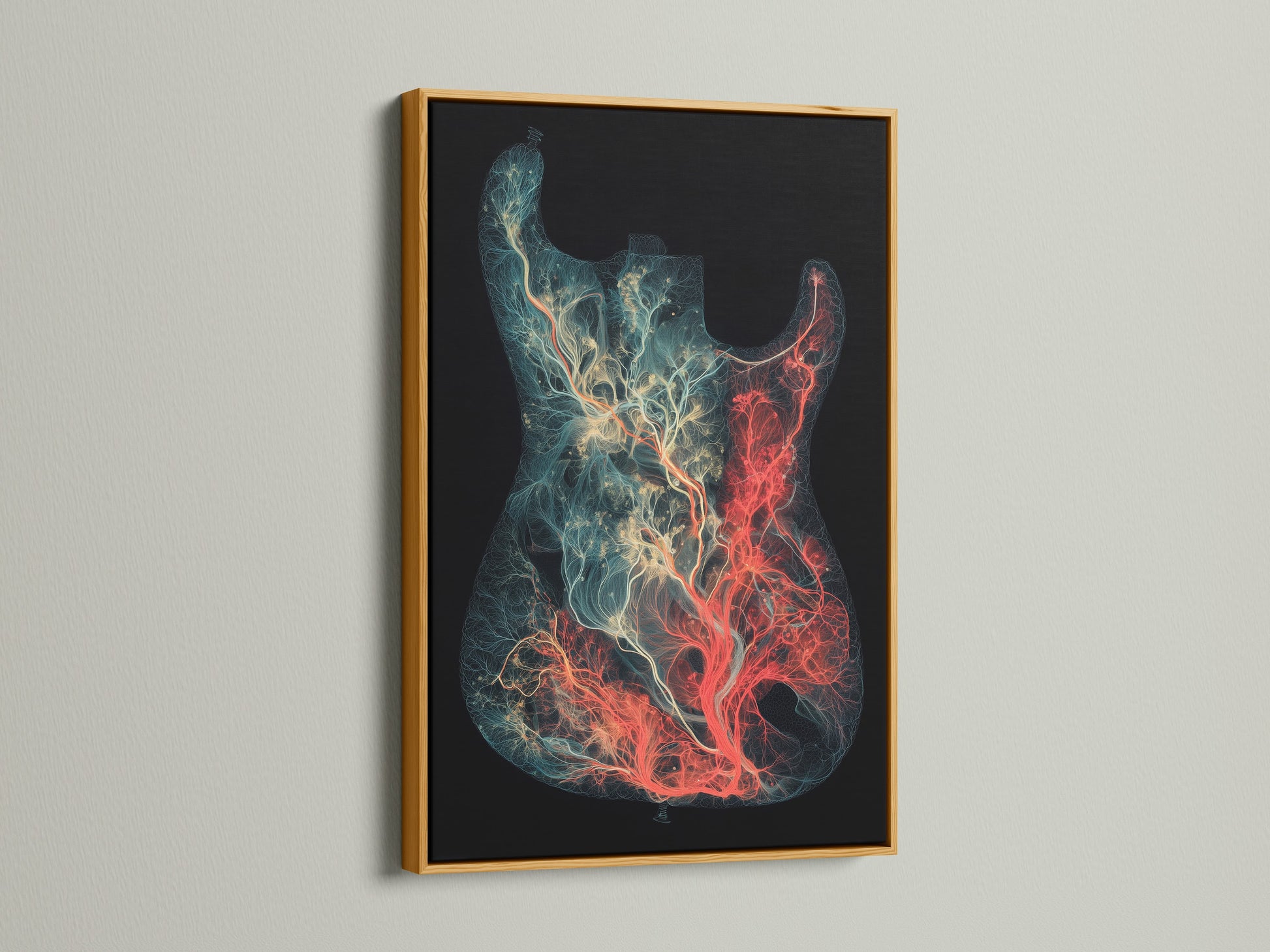 Artwork presented in a gold frame. The art depicts a guitar with tree-like elements. The gold frame adds a touch of elegance and luxury. This piece is ideal for adding sophistication to any room. It is perfect for art enthusiasts and music aficionados. The gold frame enhances the artwork's rich details.