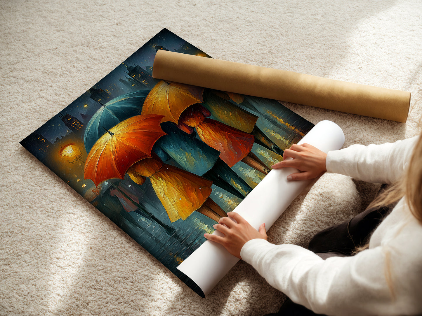 A woman is carefully rolling a fine art poster paper. This premium paper is ideal for high-quality art prints. The Rainy City artwork will look stunning on this paper. Perfect for creating beautiful wall art.