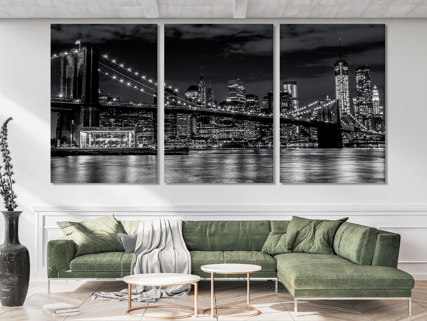Manhattan Skyline Canvas Art - Brooklyn Bridge Wall Art, Black & White New York Art Print, Extra Large New York Artwork for Modern Office