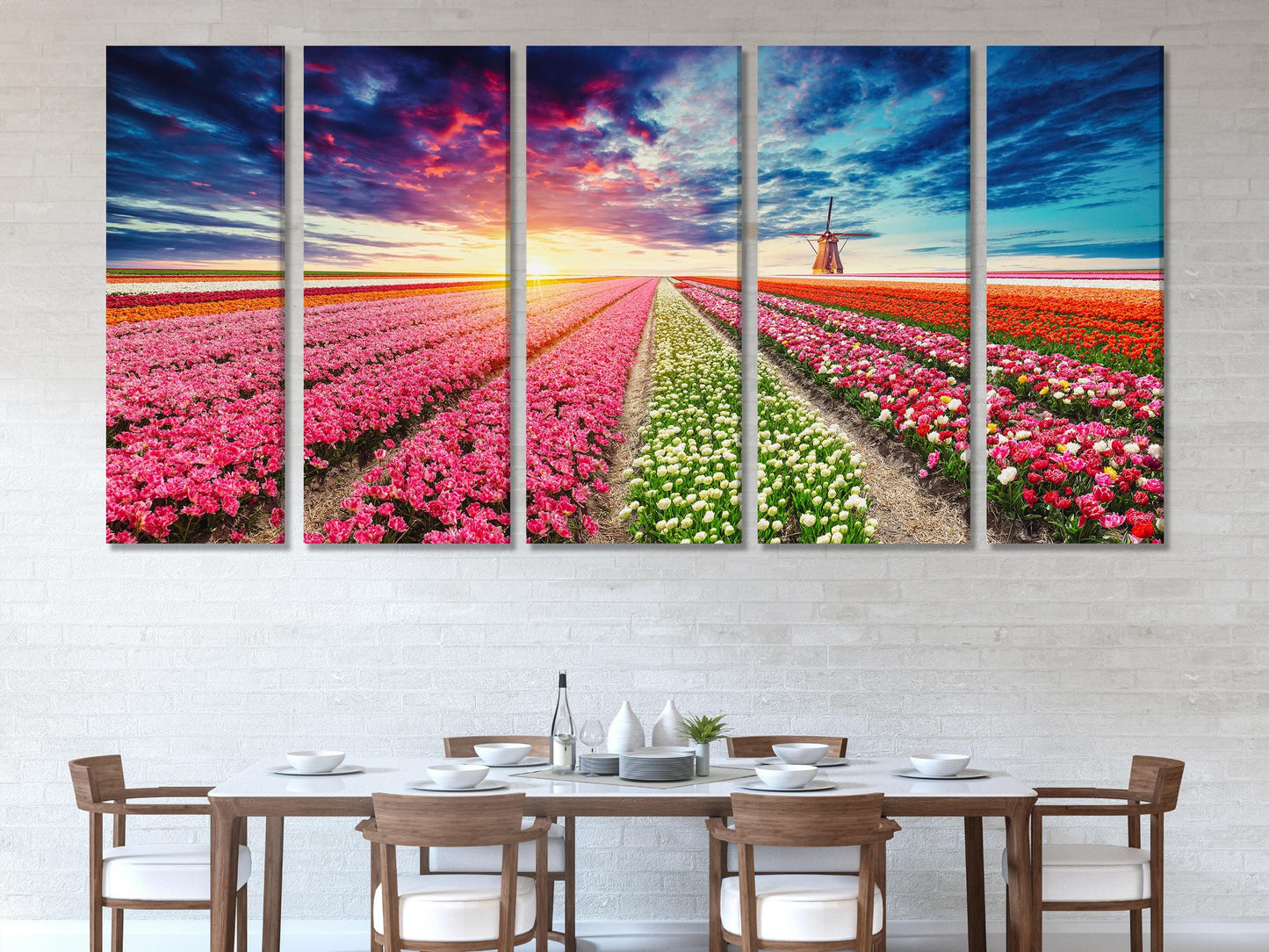 Tulip Field Sunset Canvas Print – Vibrant Flower Landscape Wall Art, Dutch Windmill Scenery, Colorful Floral Decor for Living Room