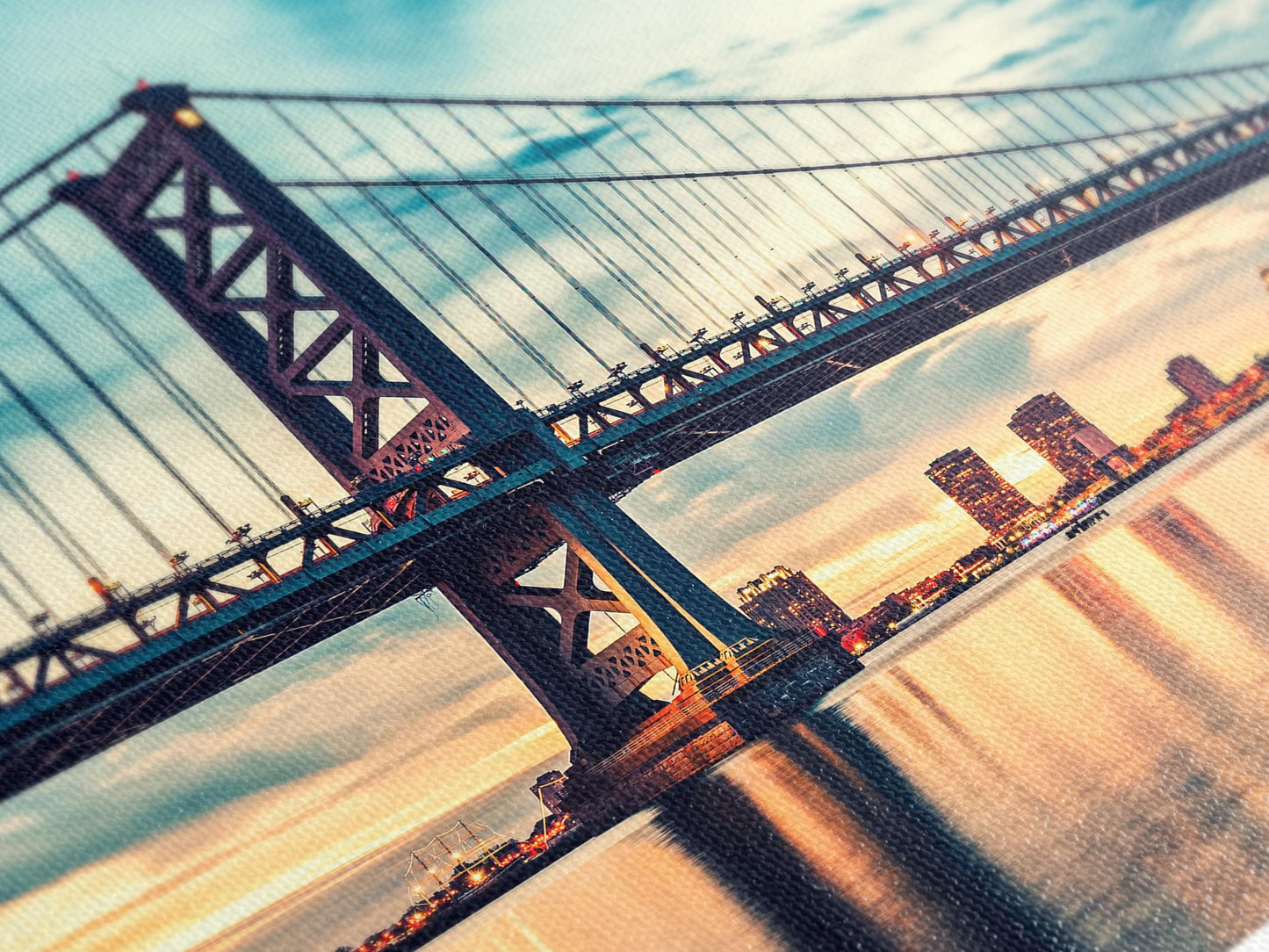 Dusk-inspired city painting showcasing warm tones, detailed bridge elements, and a horizon of softly lit towers, offering a refined urban aesthetic.