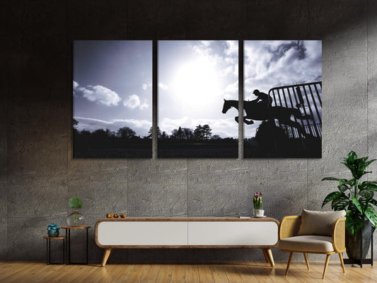 Large Silhouette Horse Canvas Print, Equestrian Jumping Wall Art, XXL Racehorse in Motion Artwork, Dynamic Equestrian Canvas for Home Decor