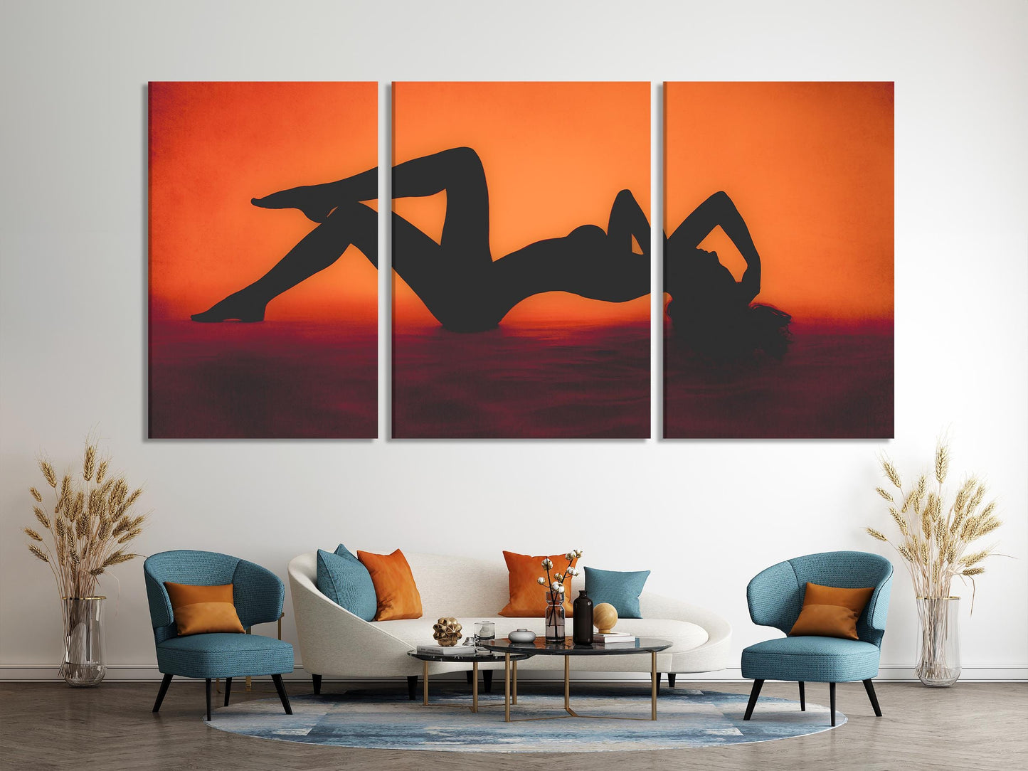 Female Silhouette Wall Art Boudoir Canvas Print Sexy Woman Artwork Orange Minimalist Decor Modern Gift for Couples Bedroom Living Room