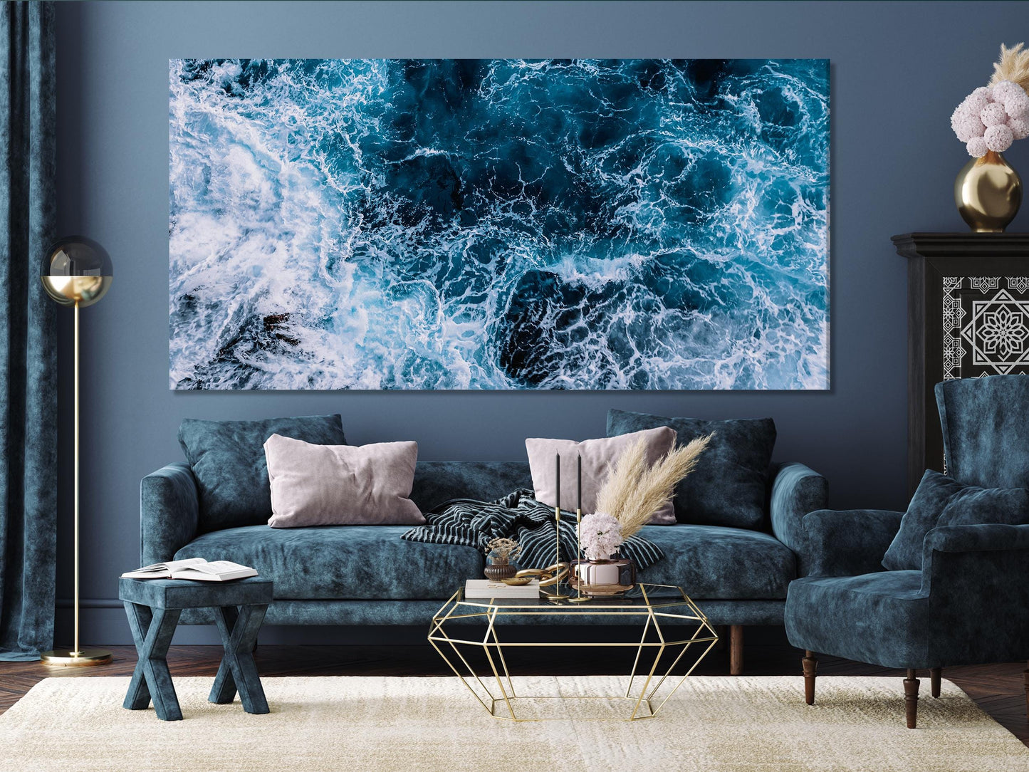 Muurkunst met oceaan golven - Grote kustmuurkunst, zeegolfkunstwerk, moderne kantoormuurdecoratie, nautische muurkunst, diepblauwe zeegezicht canvas kunst