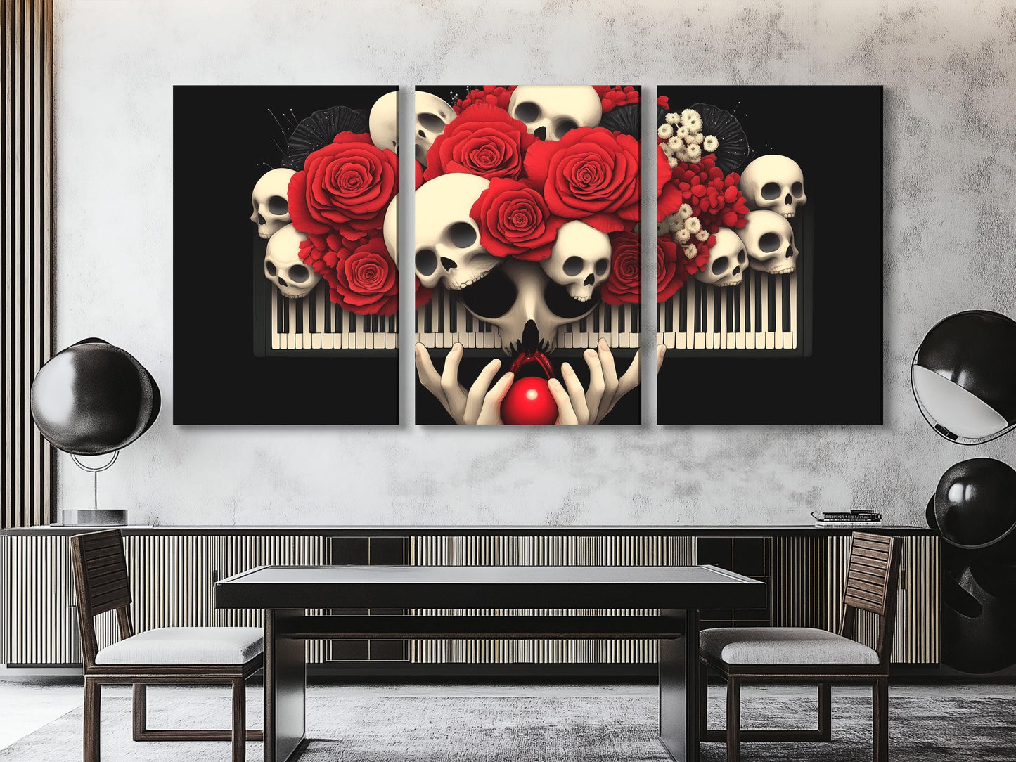 Gótico Piano Wall Art Skull and Roses Canvas estampado Floral Dark Floral Art Music Music Studio Decor Macabre Home Decor Music Lover regalo