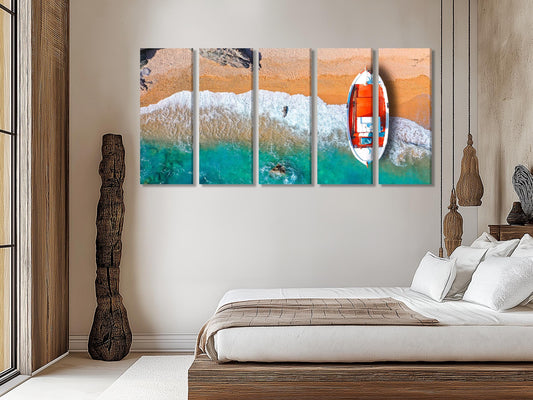 에게해 섬 어선 캔버스, 청록색 바다 위의 그리스 보트 조감도, 수정처럼 맑은 물 벽화, 그리스 해안 장식 삼부작