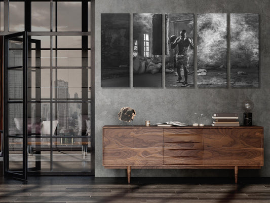 Boxing Canvas Print, Black and White Gym Art, Fighter Training Wall Decor, Intense Workout Scene, Vintage Industrial Boxing Artwork for Gym