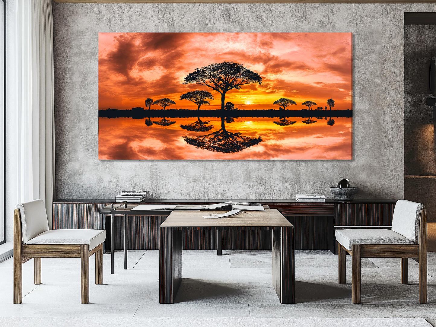 African Sunset Canvas Print - Tree Silhouette Wall Art, Serengeti Sunset Landscape, Vibrant Orange Nature Decor, Large Safari Wall Artwork