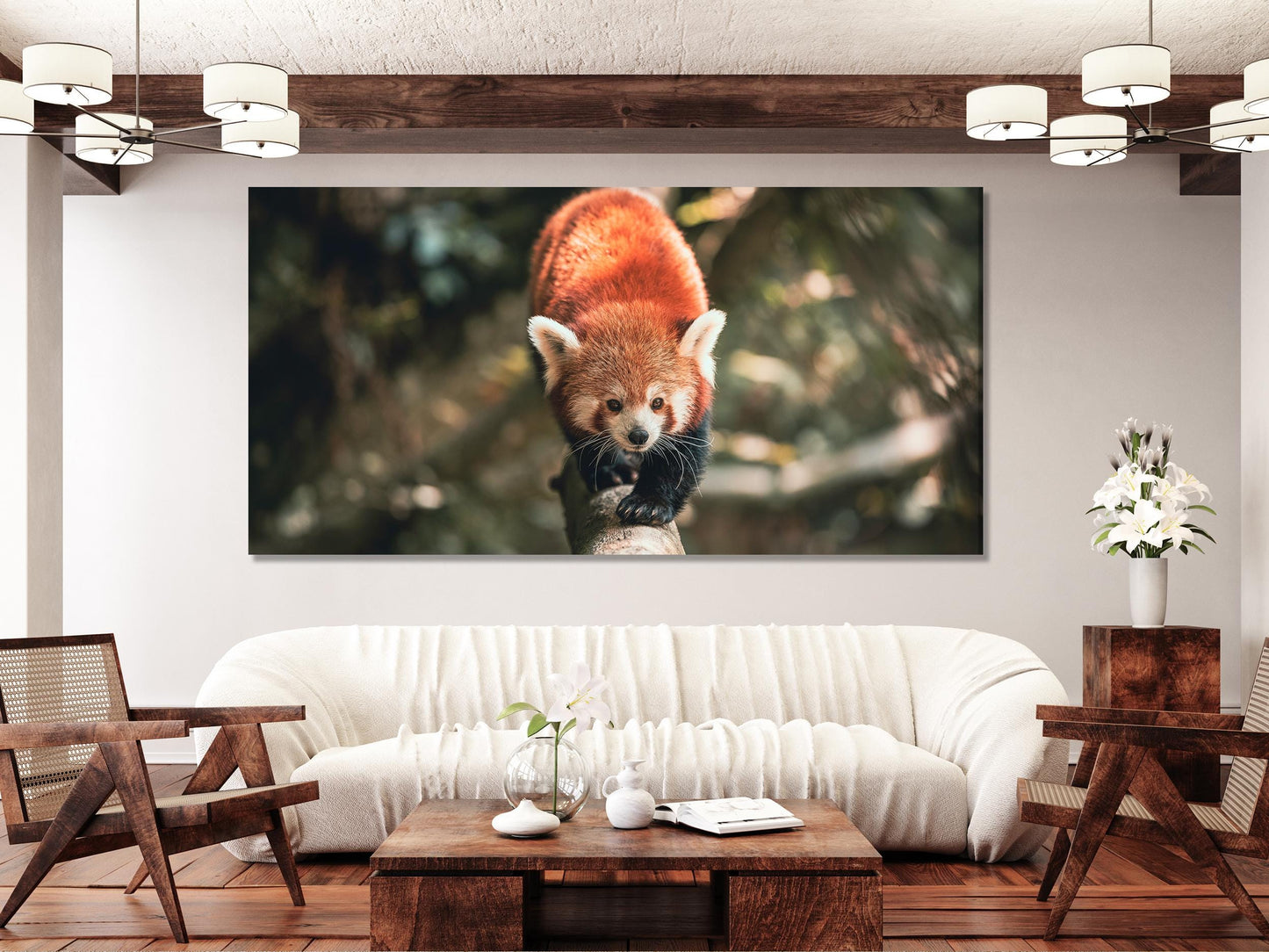 Grande impression sur toile de panda roux, belle œuvre murale d'animaux sauvages, œuvre d'art surdimensionnée d'un animal forestier, toile adorable pour décoration nature