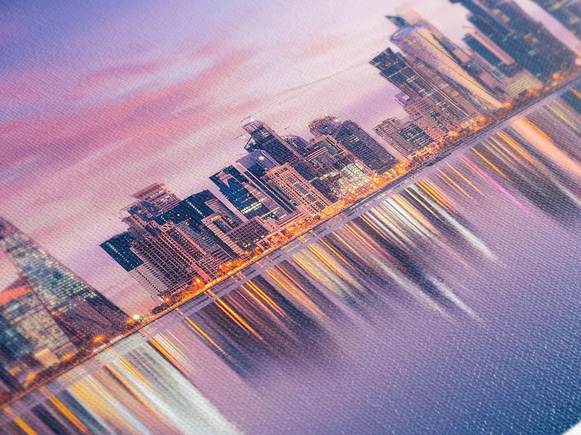 Dreamy pastel horizon framing Doha’s iconic skyline in a captivating painting, transformed into a statement wall art piece that elevates modern living spaces.
