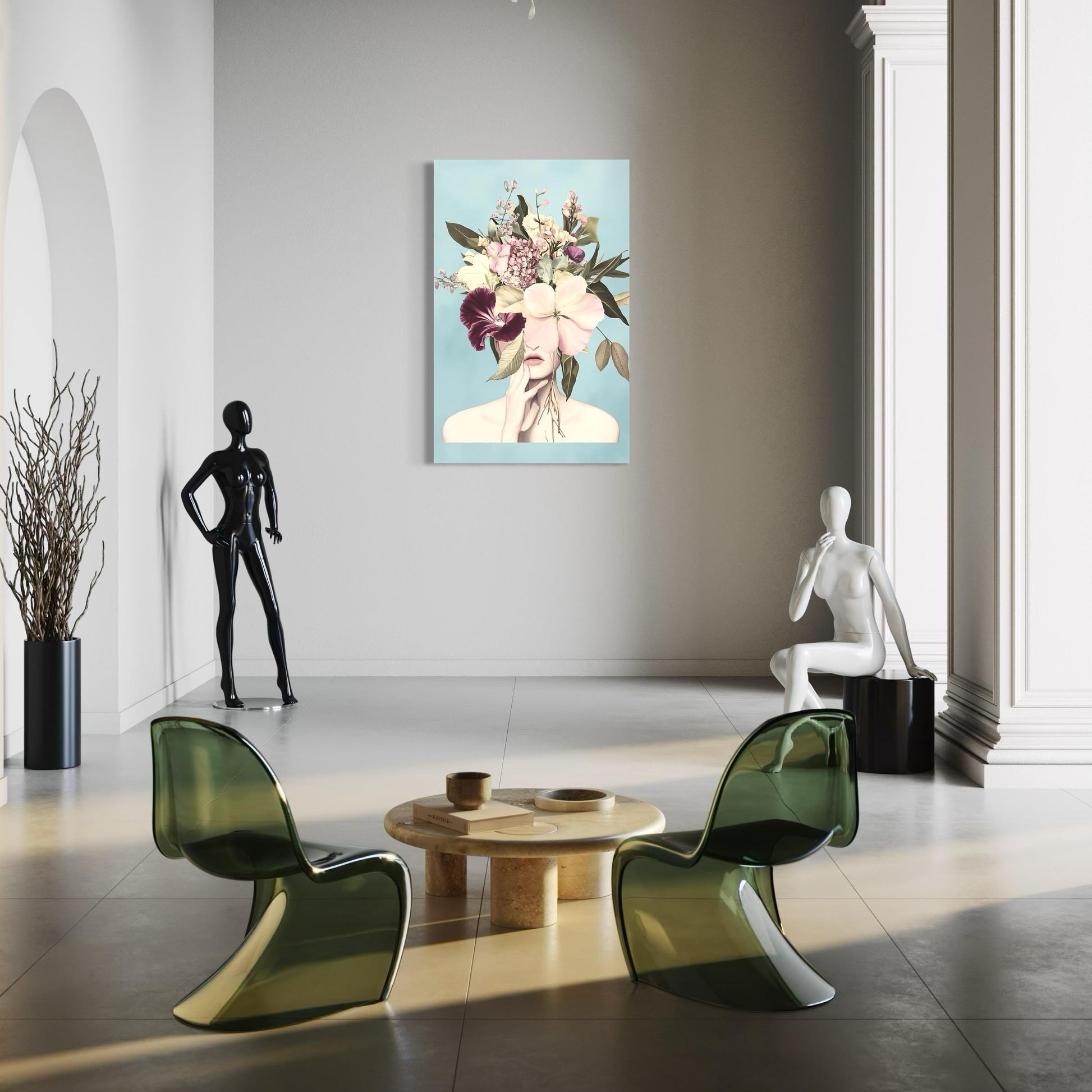 Romantic floral-inspired artwork illustrating a dreamlike fusion of feminine grace and blossoming petals, rendered as a pastel-toned canvas print painting.