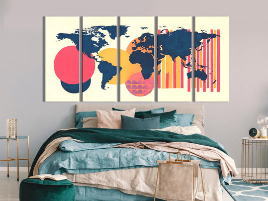 Geometric Abstract Map Canvas Art Contemporary Wall Decor for Bedroom Modern Colorful World Map Print Creative Global Artwork