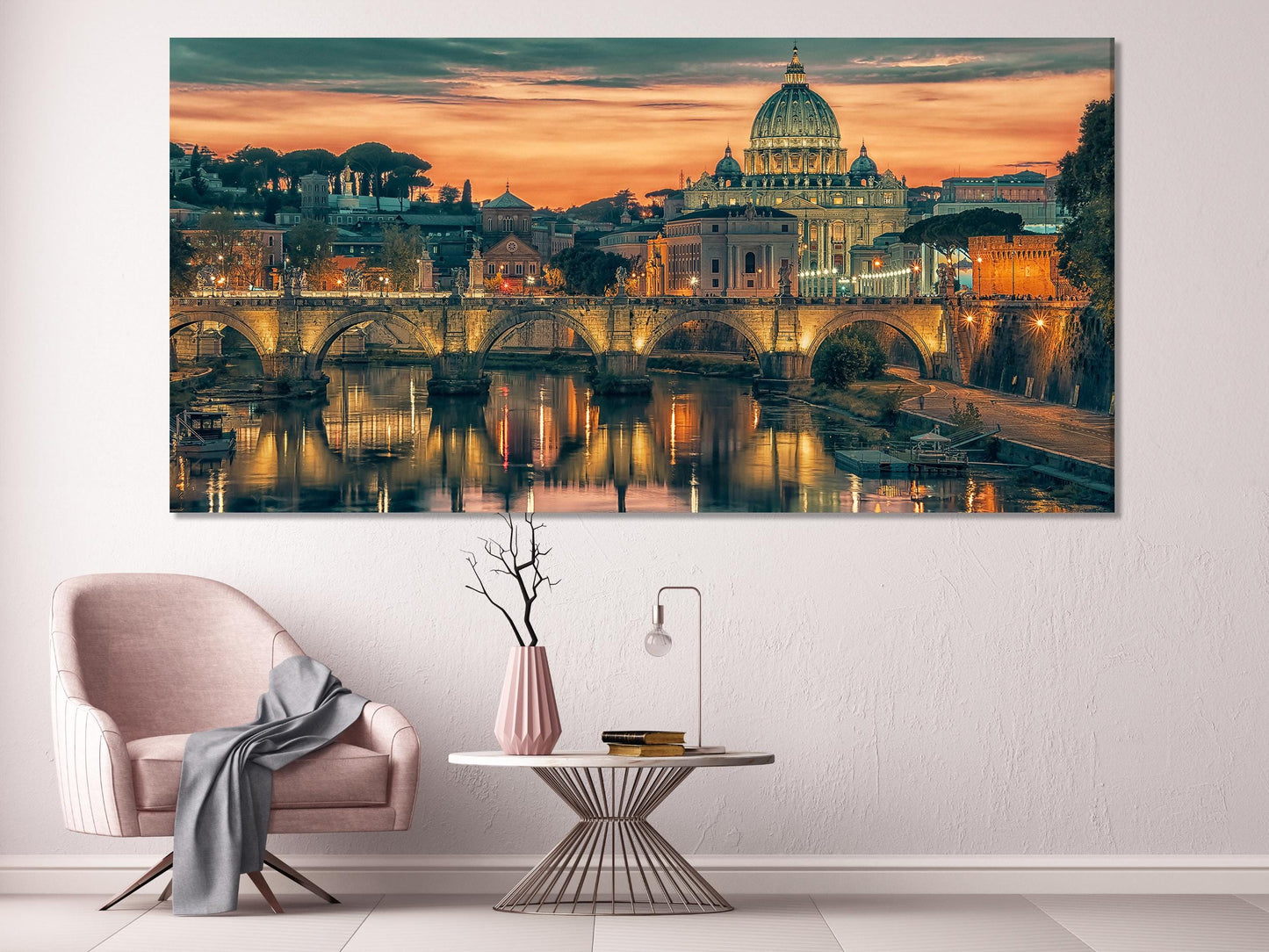 Muurkunst van de Sint-Pietersbasiliek - Canvasprint van een modern stadsgezicht van Rome, Muurkunst van Vaticaanstad, Reisposter van Italië, Wanddecoratie van een reisbureau