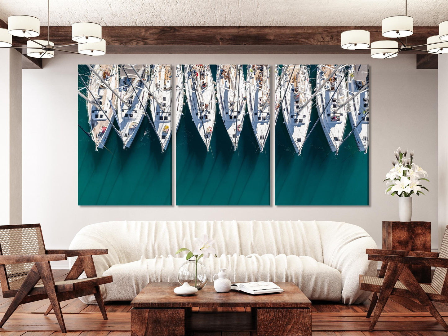 Nautical Boats Aerial View Canvas Wall Art, 5-Panel Coastal Decor, Yacht Marina Print, Modern Sailing Wall Art for Living Room or Dining