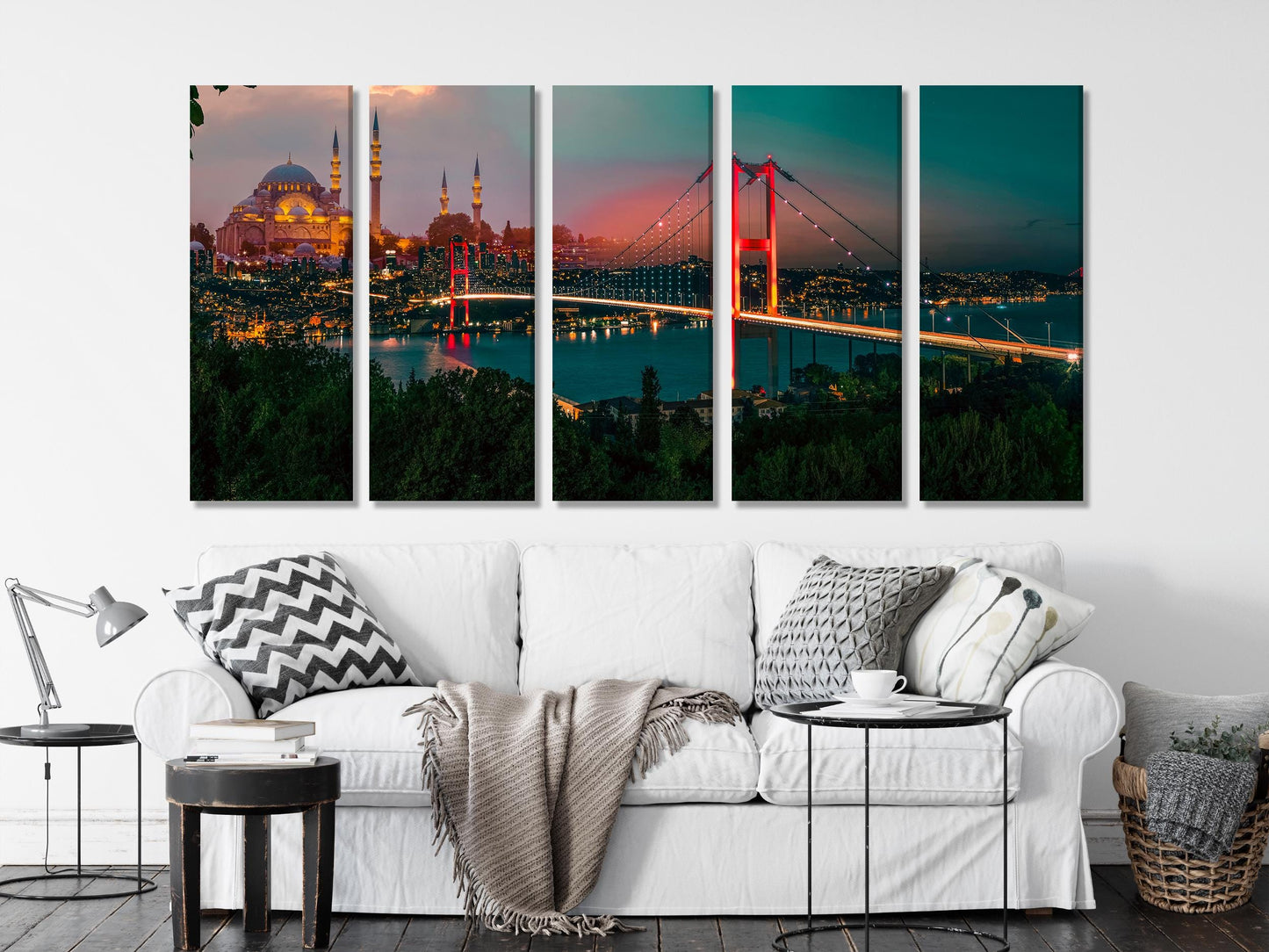 Seni Dinding Panorama Bosphorus Istanbul, Matahari Terbenam di atas Masjid Suleymaniye dan Jambatan Bosphorus, Cetakan Kanvas Pemandangan Bandar Turki untuk Hiasan Pejabat