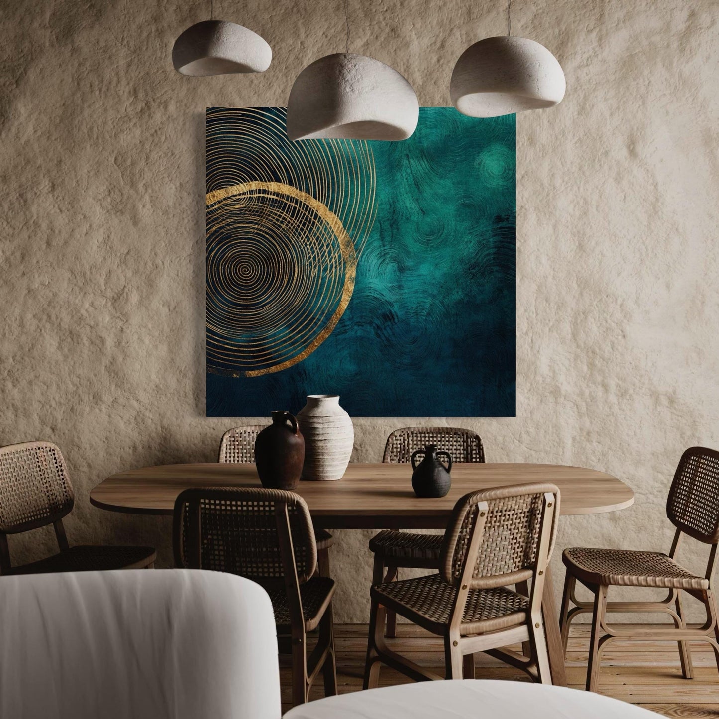 Emerald Green Abstract Wall Art - Modern Minimalist Canvas Art, Luxury Geometric Print, Nature-Inspired Tree Ring Artwork, Golden Accent Art