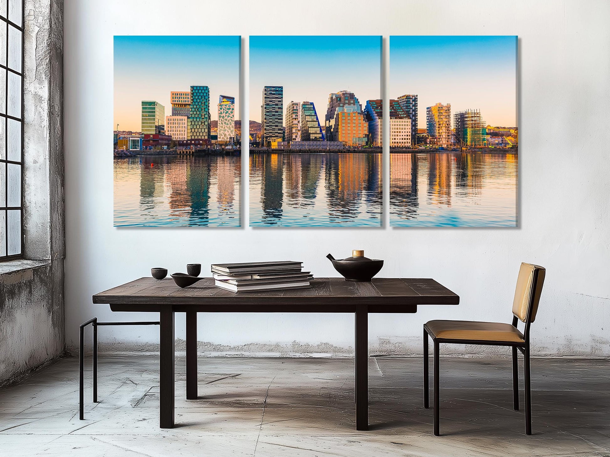 Refined skyline canvas print highlighting contemporary glass facades, sparkling sunset tones, and waterfront reflections for a sophisticated urban-themed artwork.