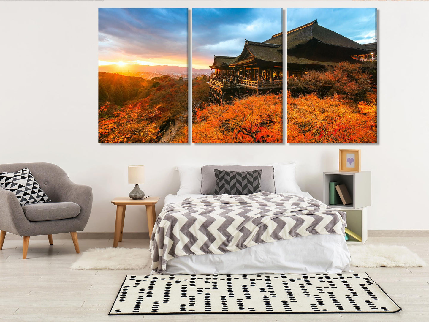 Autumn Colors at Kiyomizu-dera Temple Canvas Wall Art, Kyoto Japan Sunset Print, Vibrant Fall Landscape Decor, Japanese Temple Art