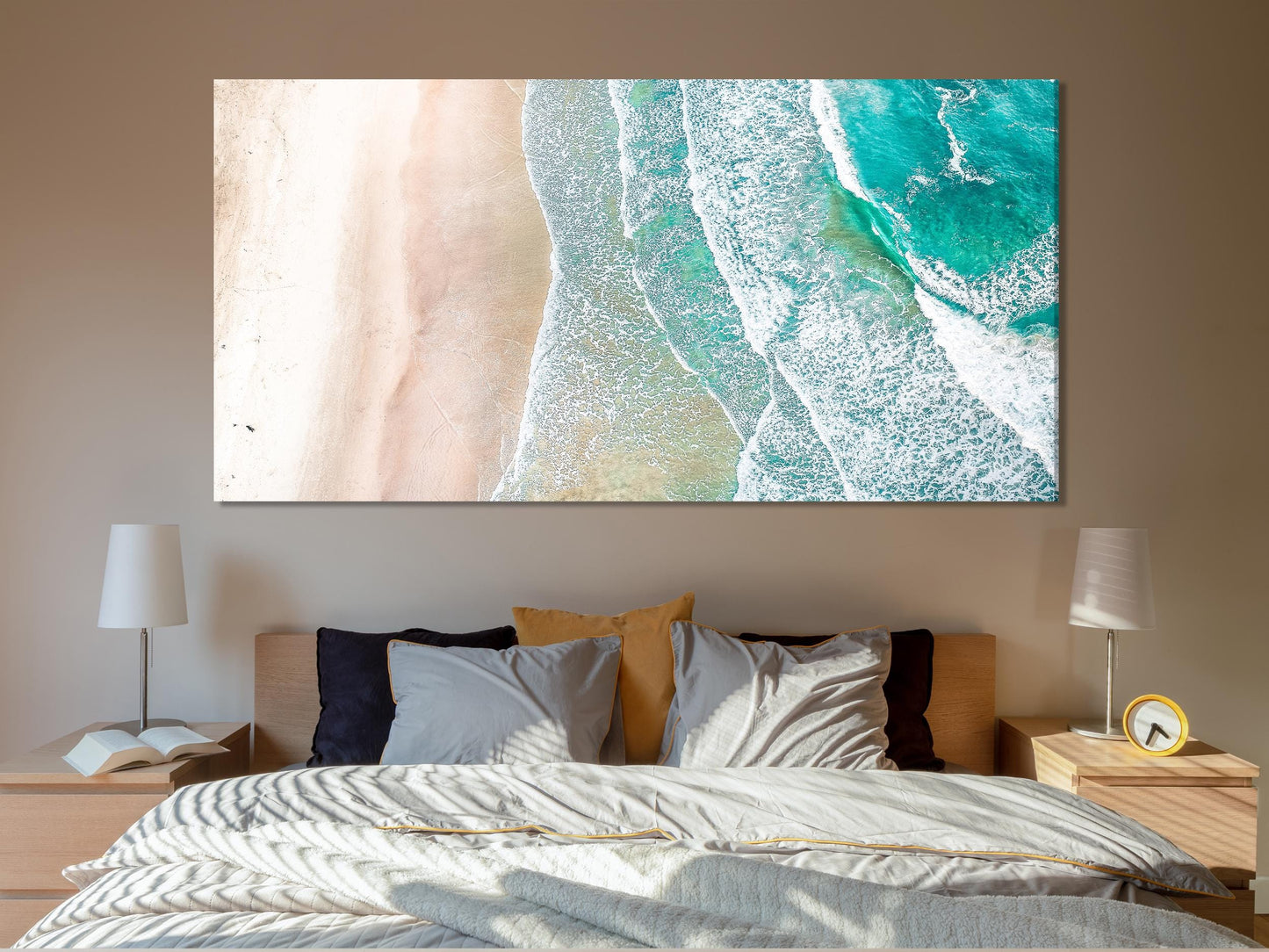 Beach Aerial View Canvas Print – Modern Coastal Wall Art, Ocean Waves and Sandy Shore, Contemporary Seaside Decor for Bedroom or Living Room