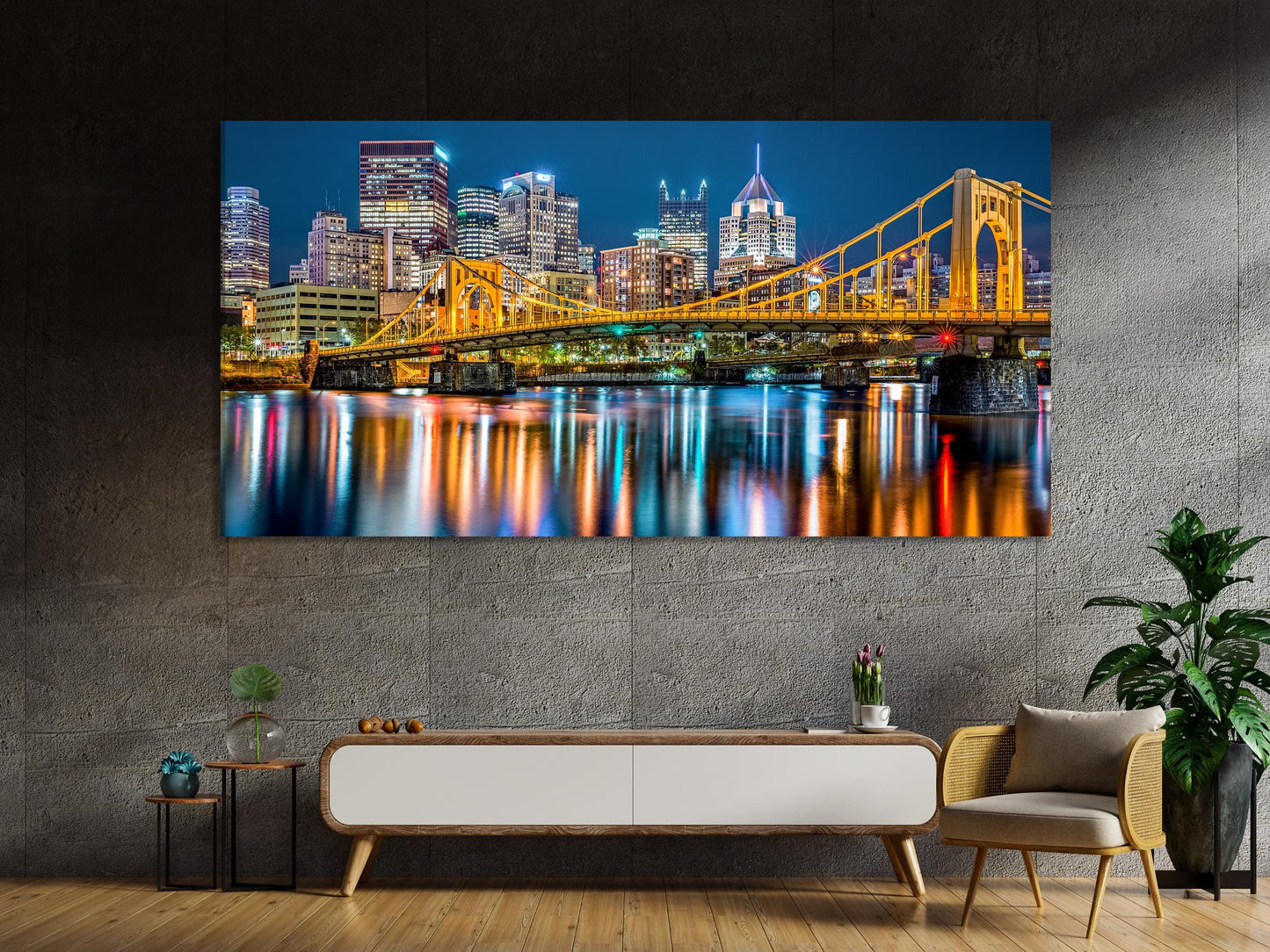 Large Rachel Carson Bridge Canvas Print, Pittsburgh Skyline Wall Art, Night Cityscape Artwork, Allegheny River Canvas for Modern Home Decor