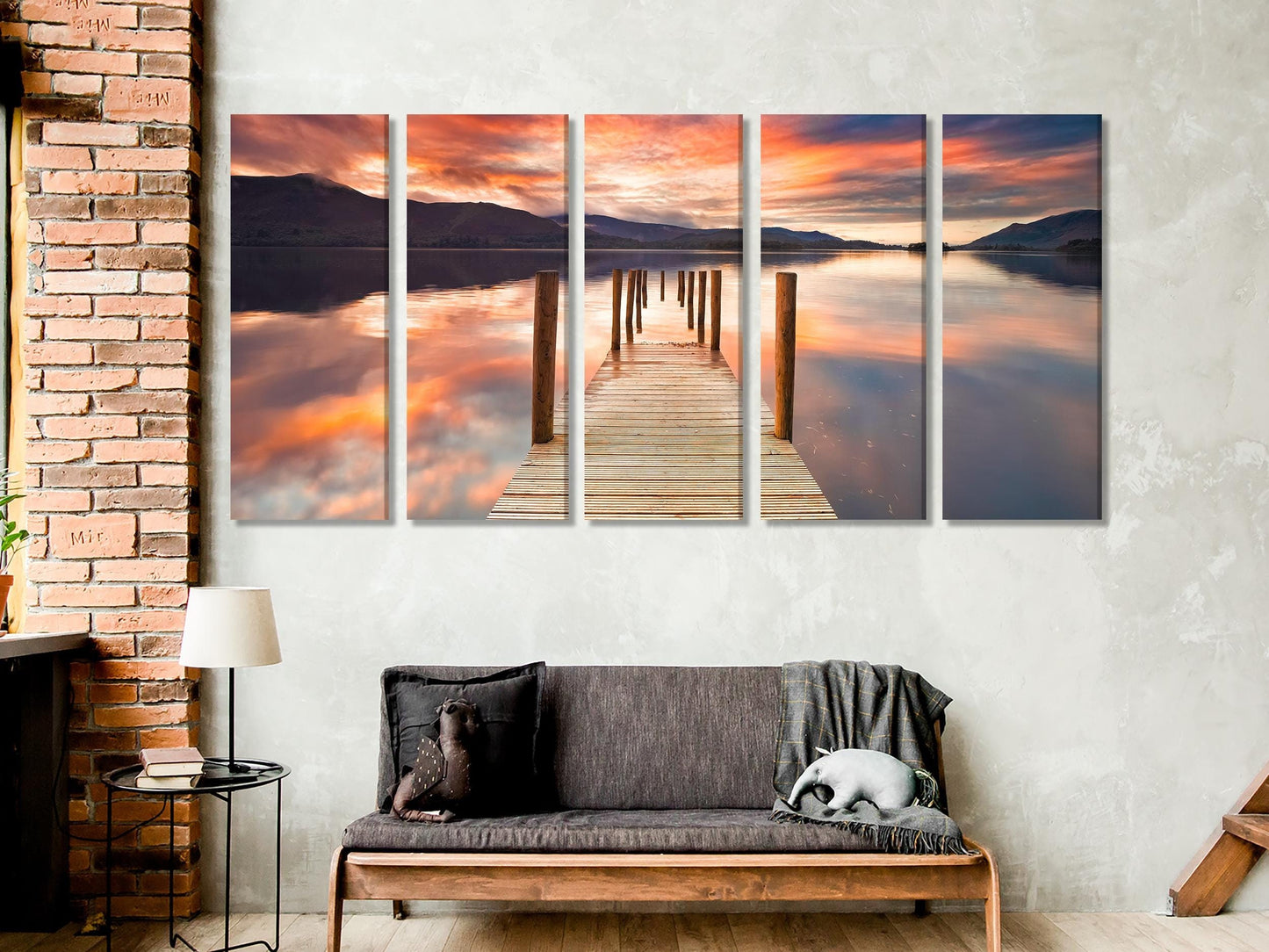 Lake District Jetty Canvas Print, Derwent Water Sunset Wall Art, Large 3 Panel Landscape, England Lake Scene Artwork, Scenic Nature Canvas
