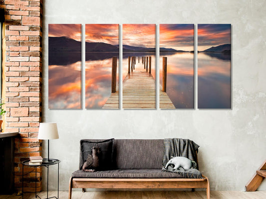 레이크 디스트릭트 제티 캔버스 프린트, 더웬트 워터 일몰 벽 아트, 대형 3패널 풍경, 영국 호수 풍경 미술 작품, 아름다운 자연 캔버스