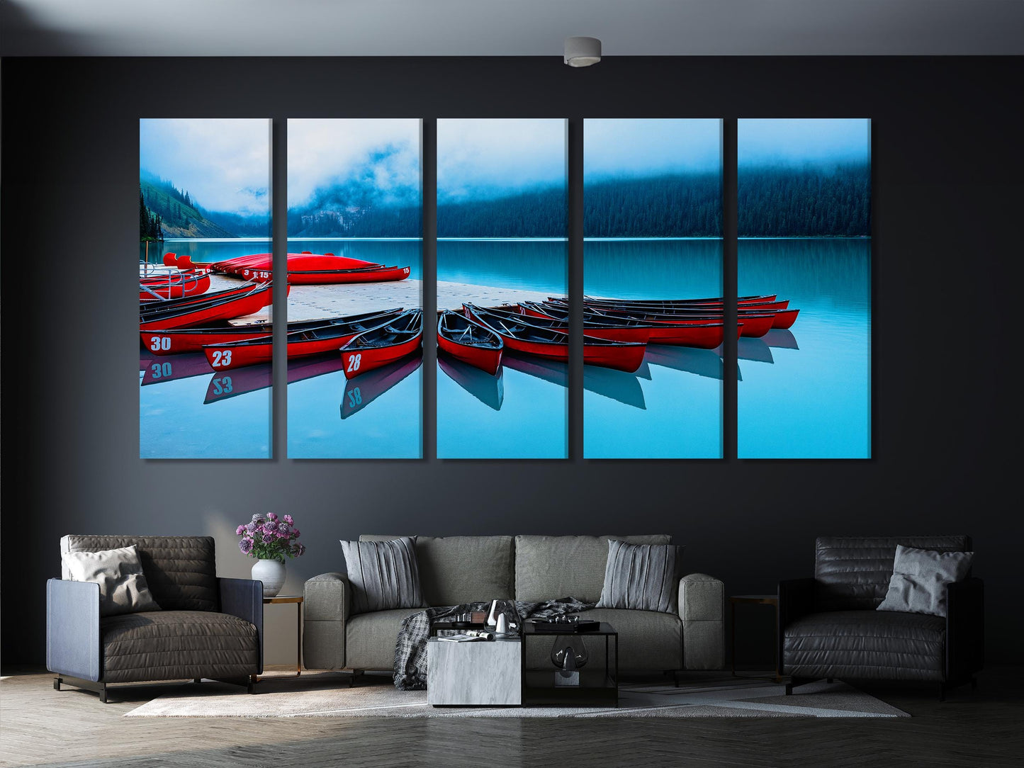 Canoe Canvas Art - Lake Louise Wall Art, Red Canoes Lake Print, Canoe Wall Art, Canadian Landscape Decor, Lake Louise Nature Photography Art