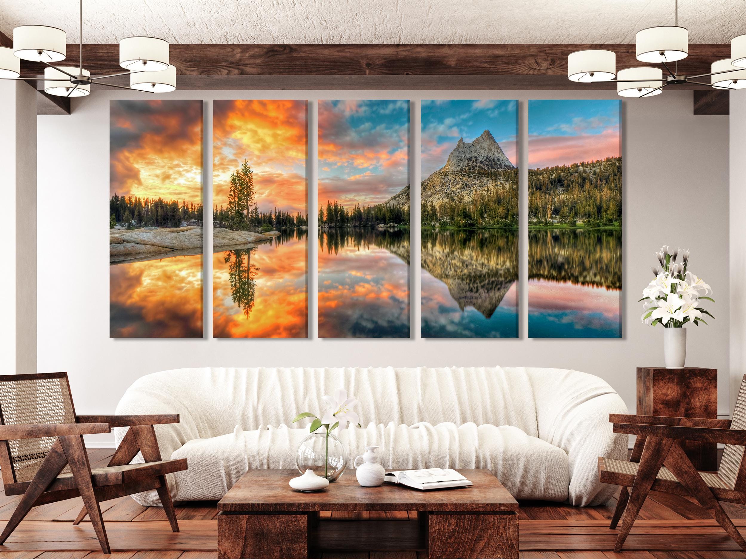 Impresión en lienzo del lago Cathedral, arte mural del Parque Nacional de Yosemite, paisaje montañoso grande de California, decoración de pared extragrande con atardecer natural