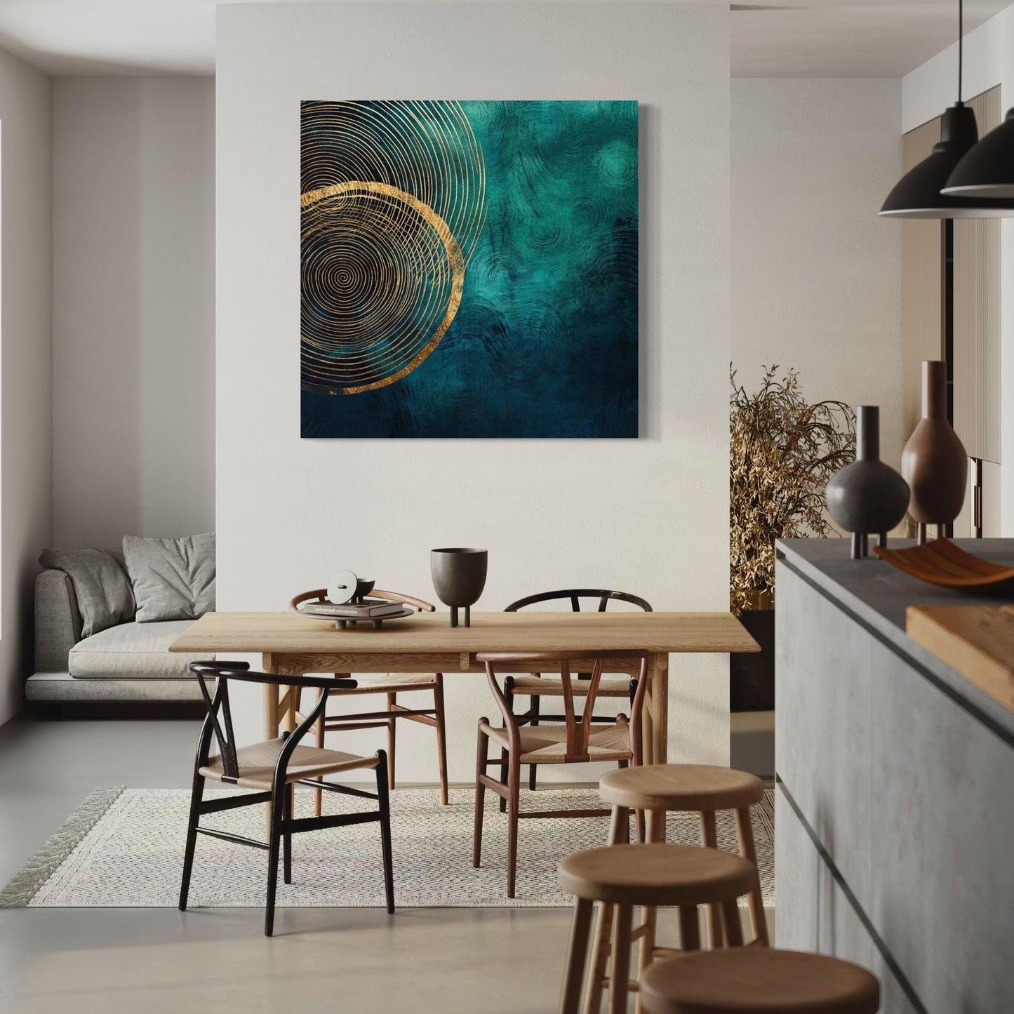 Emerald Green Abstract Wall Art - Modern Minimalist Canvas Art, Luxury Geometric Print, Nature-Inspired Tree Ring Artwork, Golden Accent Art