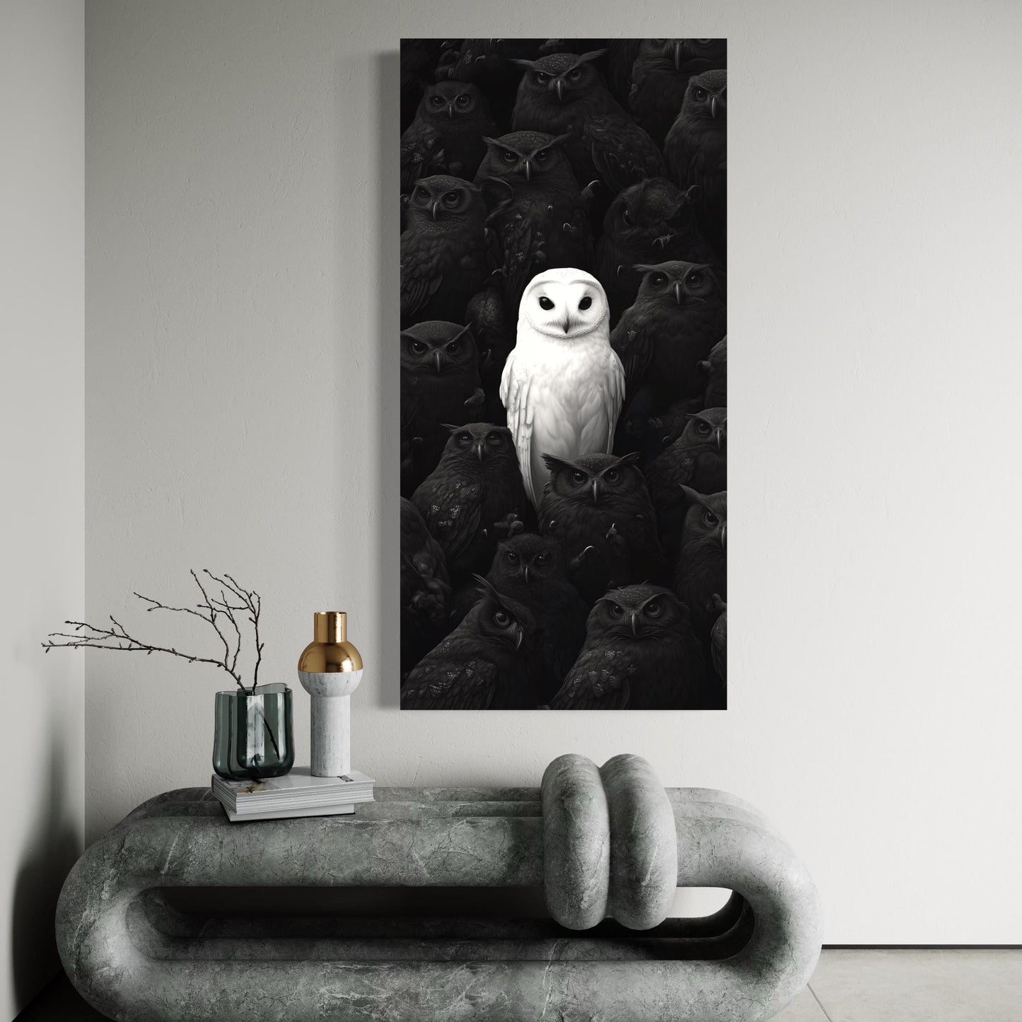 White Owl Canvas Art - Black & White Owl Wall Art, Modern Owl Art Print for Contemporary Interior Decor, Owl Lover Gift for Home Decor